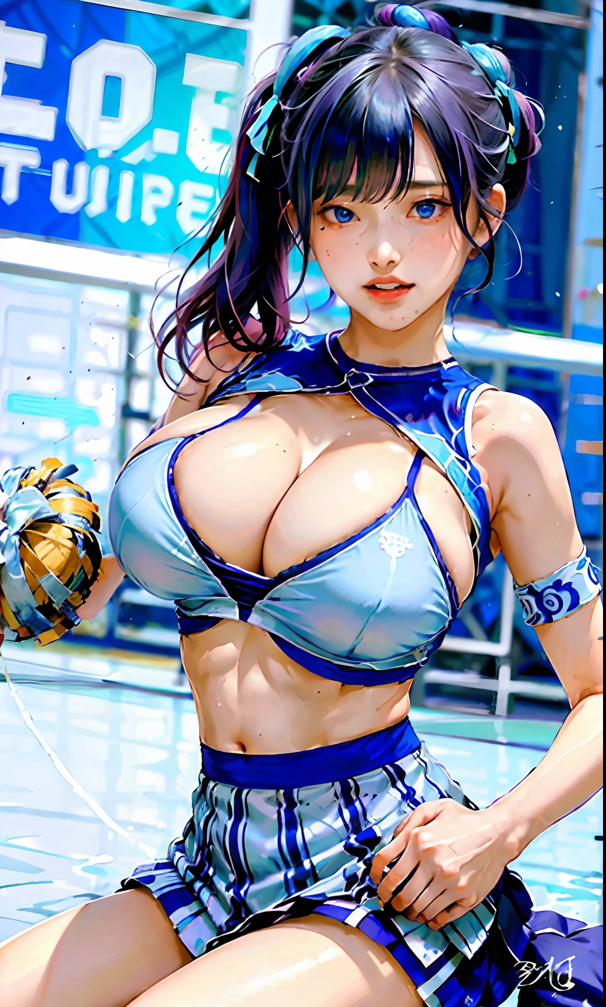 best quality,absurdress, 1 girl of 19 years, huge bust, 1milf, blue and detailed eyes, purple hair (long, wavy, voluminous),long hair, cheerleader cosplay(cropped top, pleated mini skirt), stockings 7/8), looking at the viewer