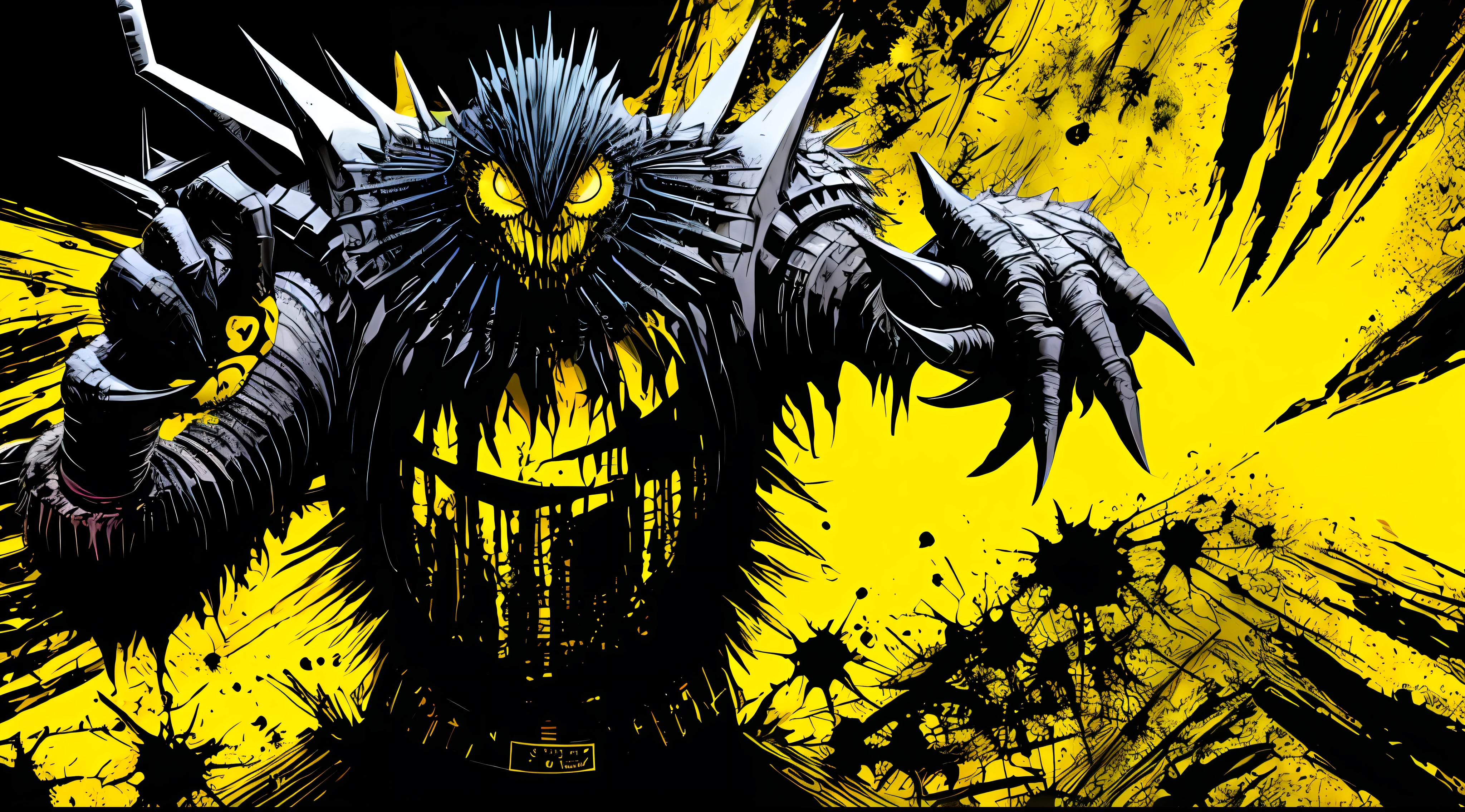 yellow and black, monstrous creature, in the style of Mork Borg, strong contrast, grunge dirty punk splash art, black metal zine