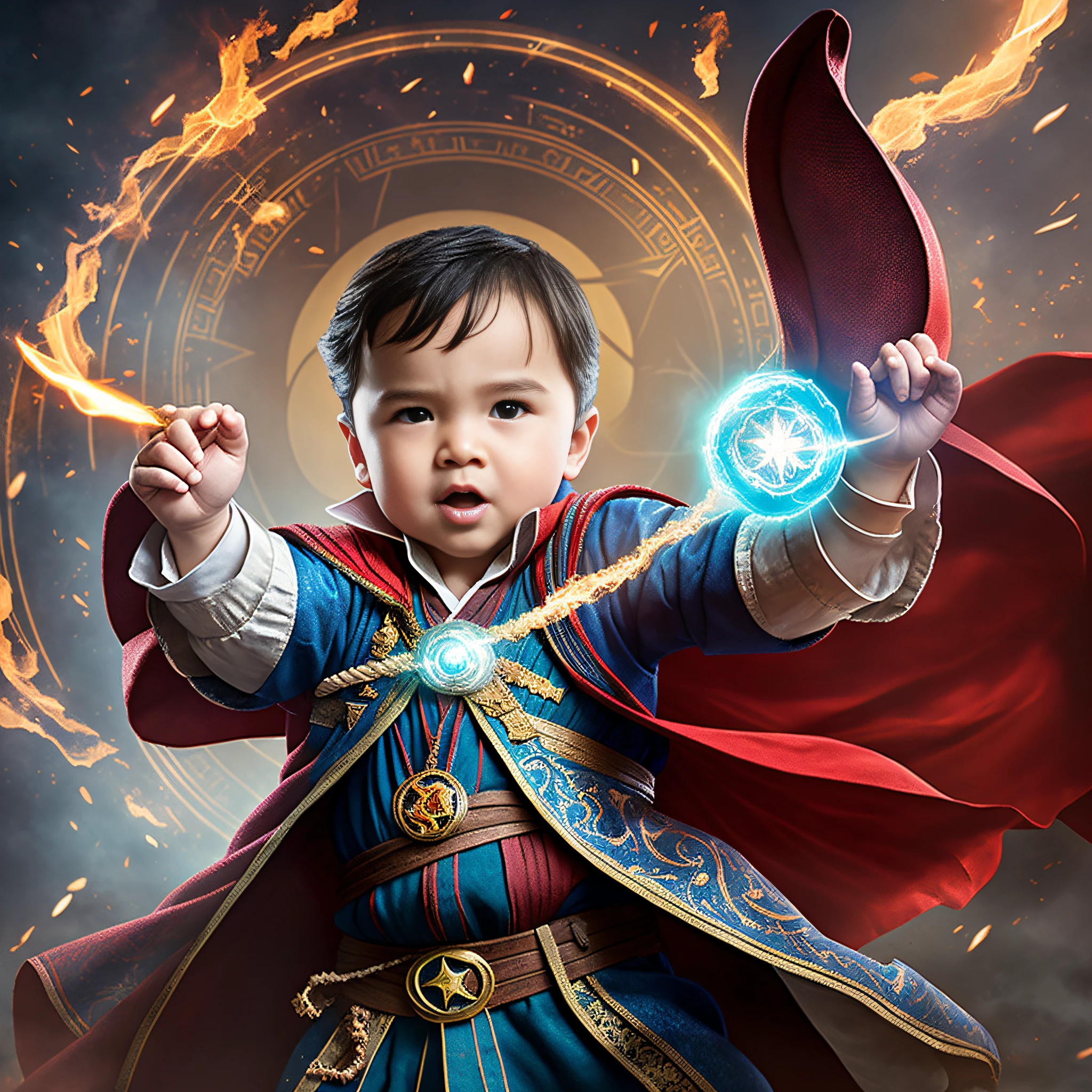 A , 3 years ol, brown hair, chubby, angry, Doctor Strange clothes and cape, magic ring, flying in the air, battle stance, casting magic, magic aperture, action scene, best quality --auto --s2