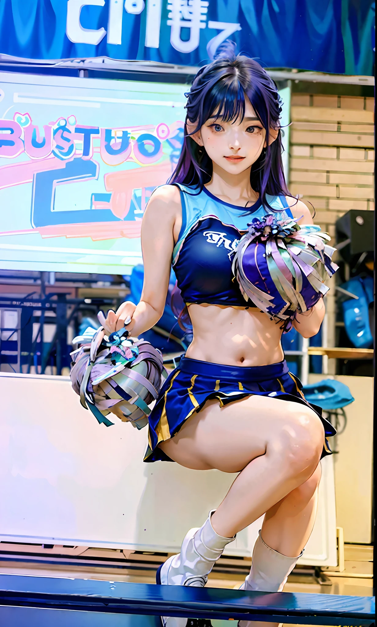 best quality,absurdress, 1 girl of 19 years, huge bust, 1milf, blue and detailed eyes, purple hair (long, wavy, voluminous),long hair, cheerleader cosplay(cropped top, pleated mini skirt), stockings 7/8), looking at the viewer