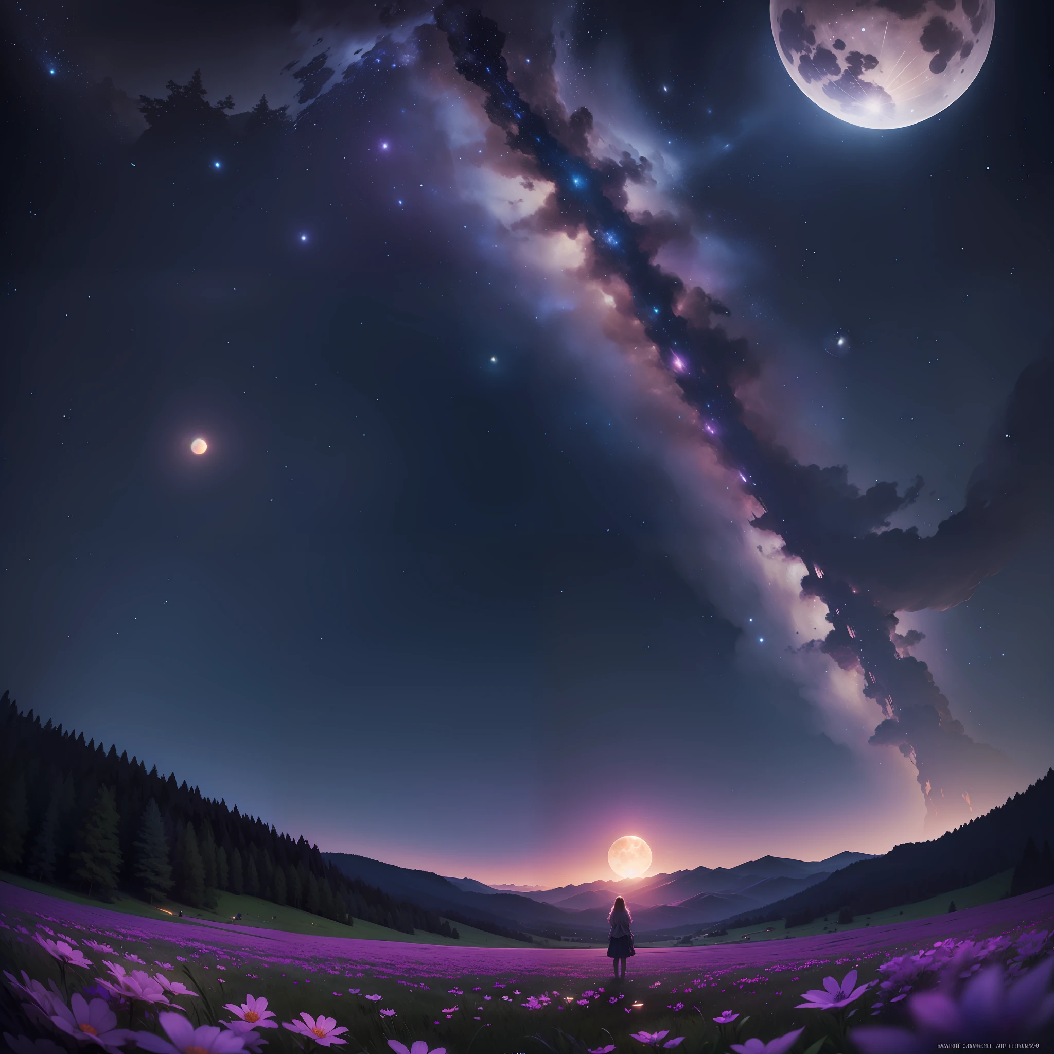 Extensive landscape photography (when viewed from below, the sky above and the open field below), a girl standing on a flower field and looking up, (full moon: 1.2), (meteor: 0.9), (nebula: 1.3), distant mountains, trees BREAK Crafting Art, (warm light: 1.2), (fireflies: 1.2), lights, lots of purple and orange, intricate details, volumetric lighting, realism BREAK (masterpiece: 1.2), (Best quality), 4K, ultra-detailed, (Dynamic composition:  1.4), Very detailed, colorful details, (Luminous lighting, Atmospheric lighting), Dreamy, Magical, (Solo: 1.2)