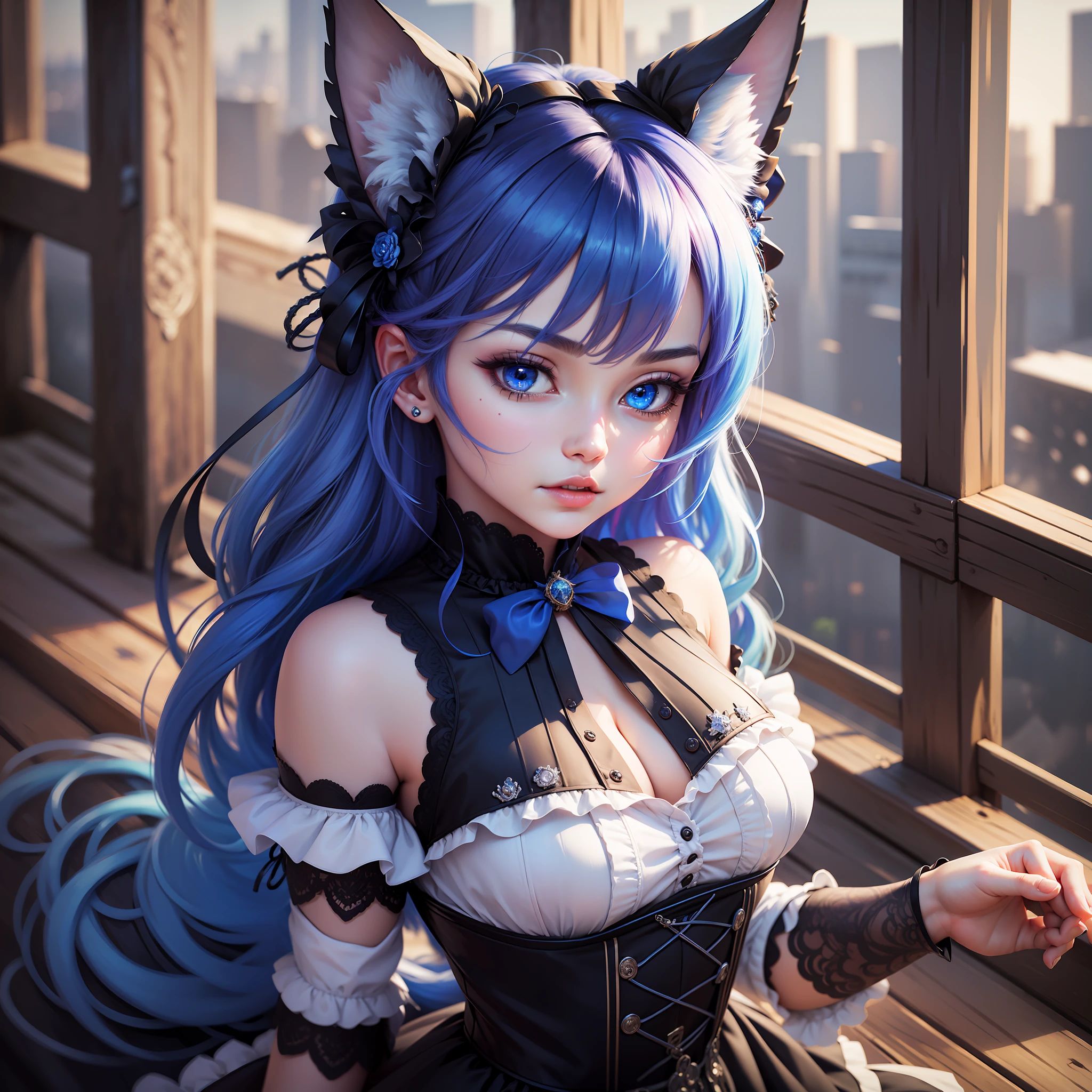 (Masterpiece: 1.2), (Best Quality), 4k, Ultra-detailed, (Dynamic composition: 1.4),,(finely detailed beautiful eyes and detailed face), Rich in detail and color, incredibly absurd, high quality, portrait, high resolution, miyuki_\\(Azure Lane)\\, 1girl, solo, multicolored hair, chest, (bell:0.9), tail, looking at the viewer, detailed eyes, animal ears, hair decoration, dress, ruffles, outdoor