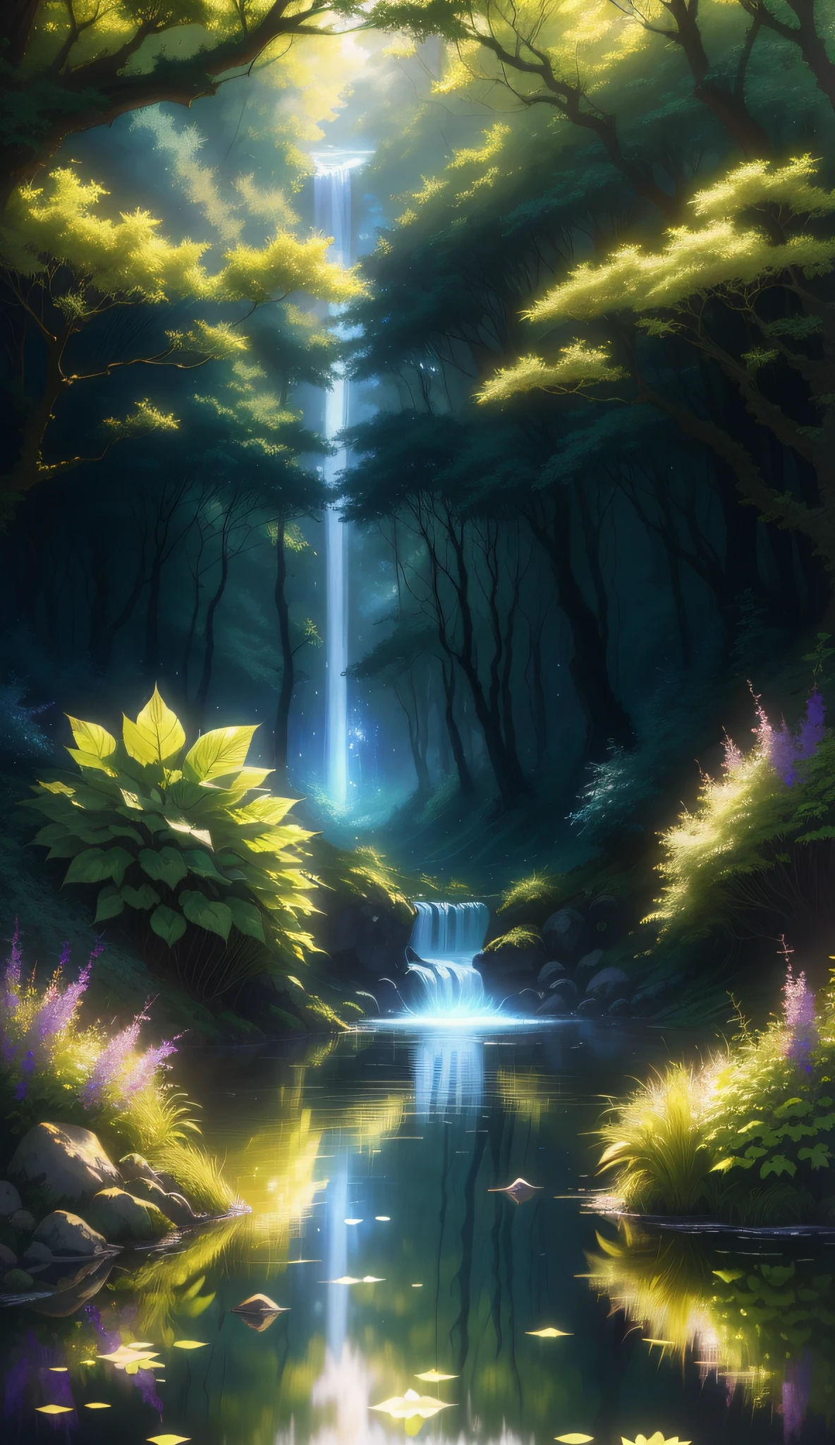 There is a stream of water through the forest of trees, anime lush John 8k forest, anime beautiful peace scene, beautiful anime scene, anime background art, gentle sparkling forest stream, magical forest background, background artwork, anime nature, beautiful anime landscape, magical environment, magical fantasy forest, anime nature wallpaper, magical forest, magical forest background, magical clearance, plus beautiful fairies frolicking in the water, translucent gauze skirt