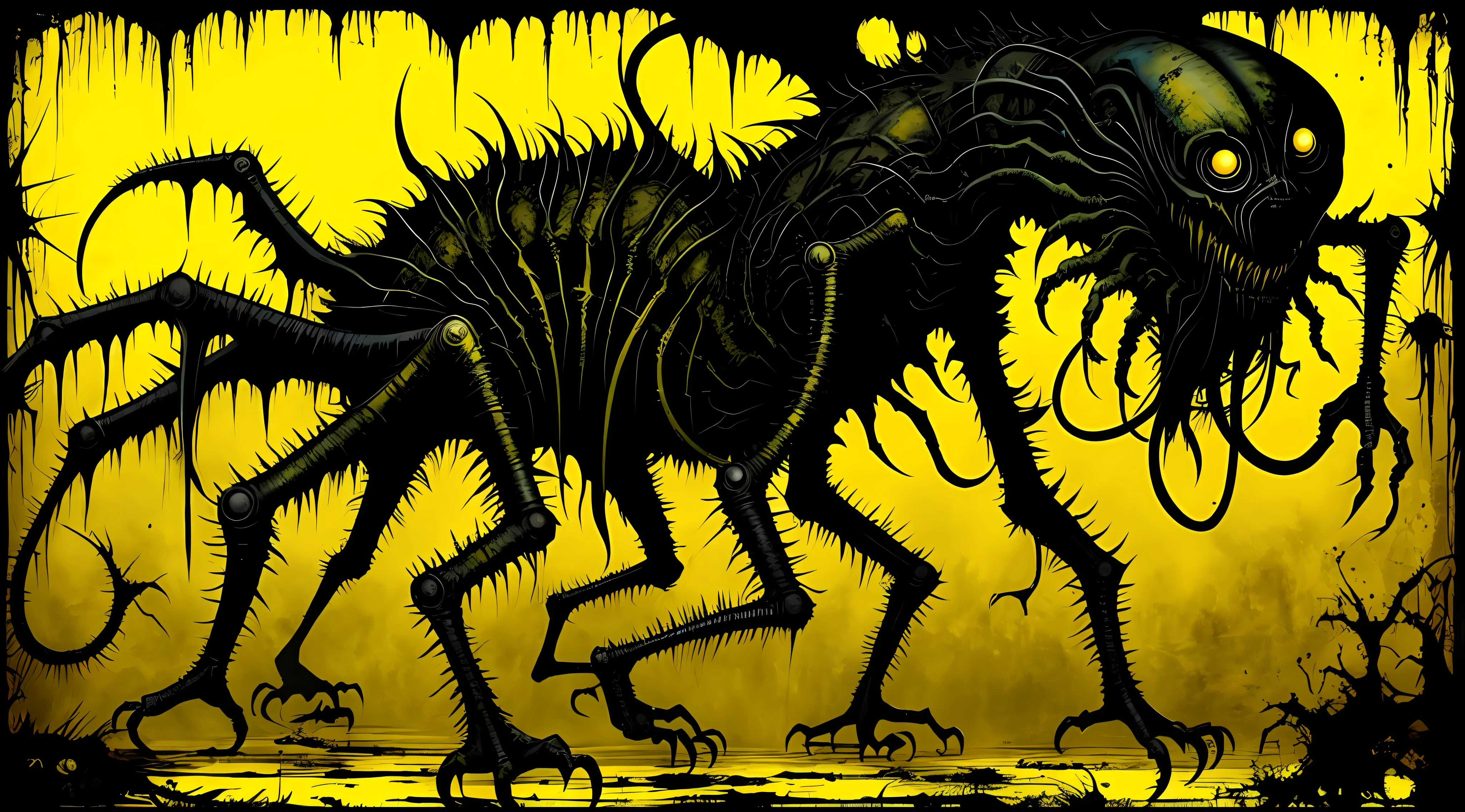 yellow and black, monstrous creature, in the style of Mork Borg, strong contrast, grunge dirty punk splash art, black metal zine