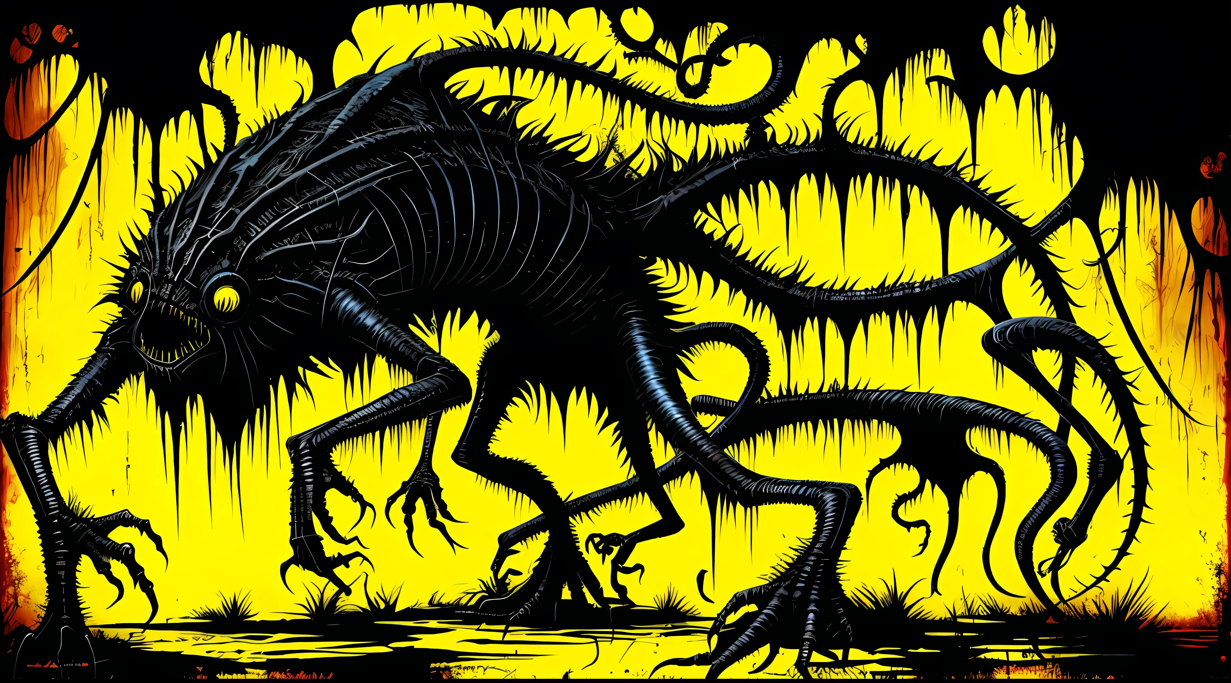 yellow and black, monstrous creature, in the style of Mork Borg, strong contrast, grunge dirty punk splash art, black metal zine