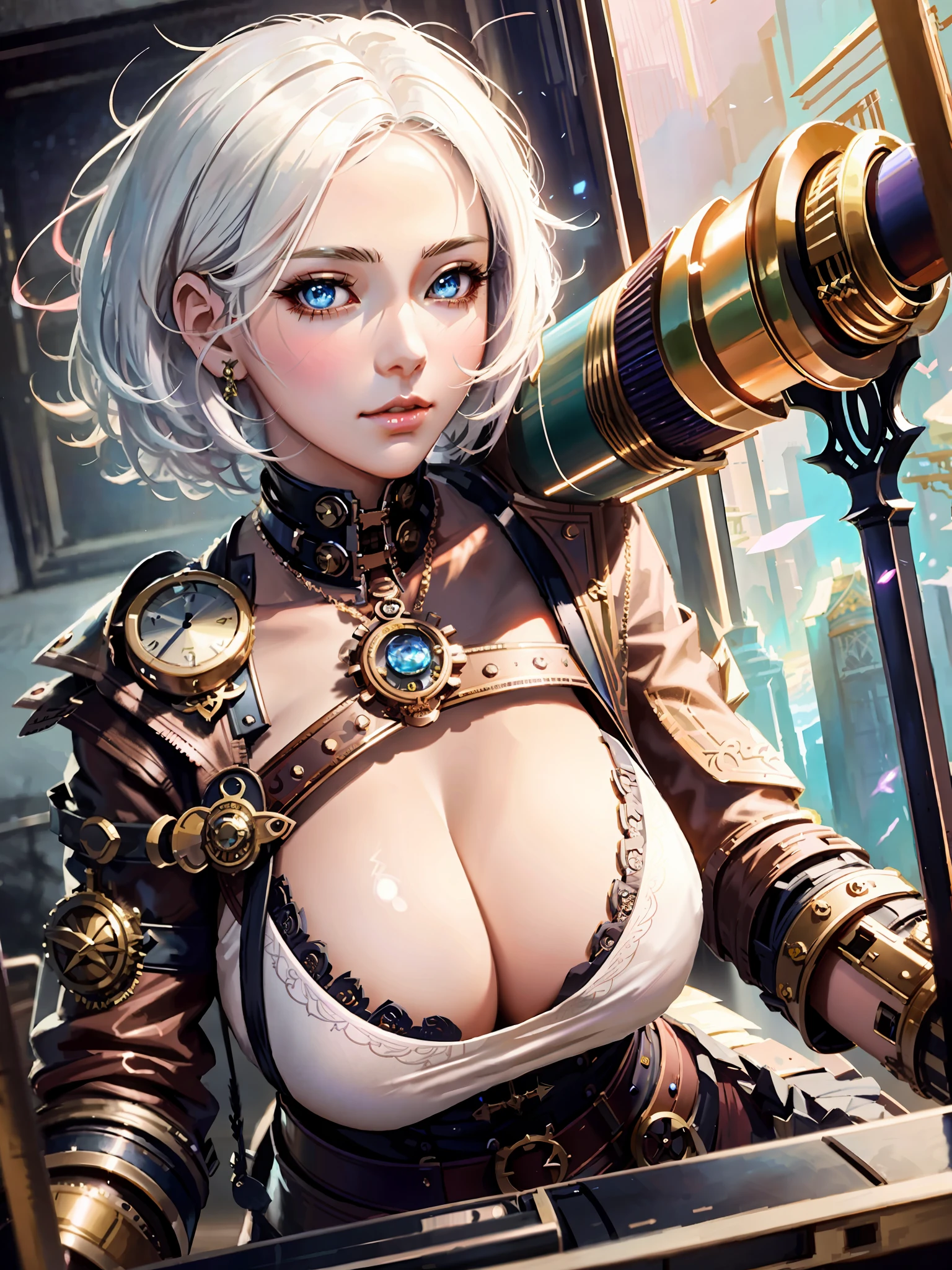 a close up of a woman with a large breast holding a sword, steampunk beautiful anime woman, 2. 5 d cgi anime fantasy artwork, artwork in the style of guweiz, extremely detailed artgerm, artgerm. anime illustration, guweiz on artstation pixiv, detailed digital anime art, fanart best artstation, artgerm. high detail