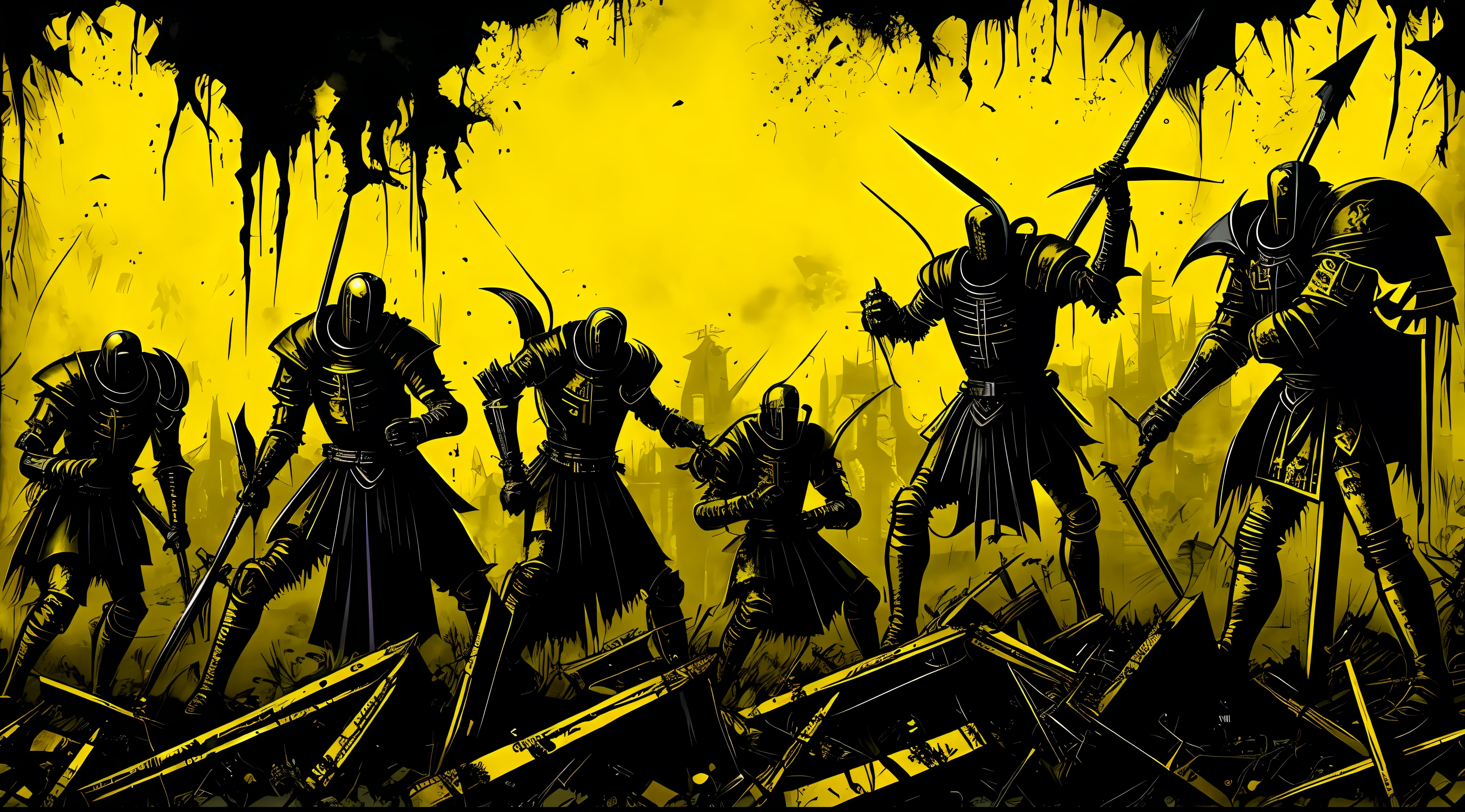 yellow and black, medieval knights, in the style of Mork Borg, strong contrast, grunge dirty punk splash art, black metal zine