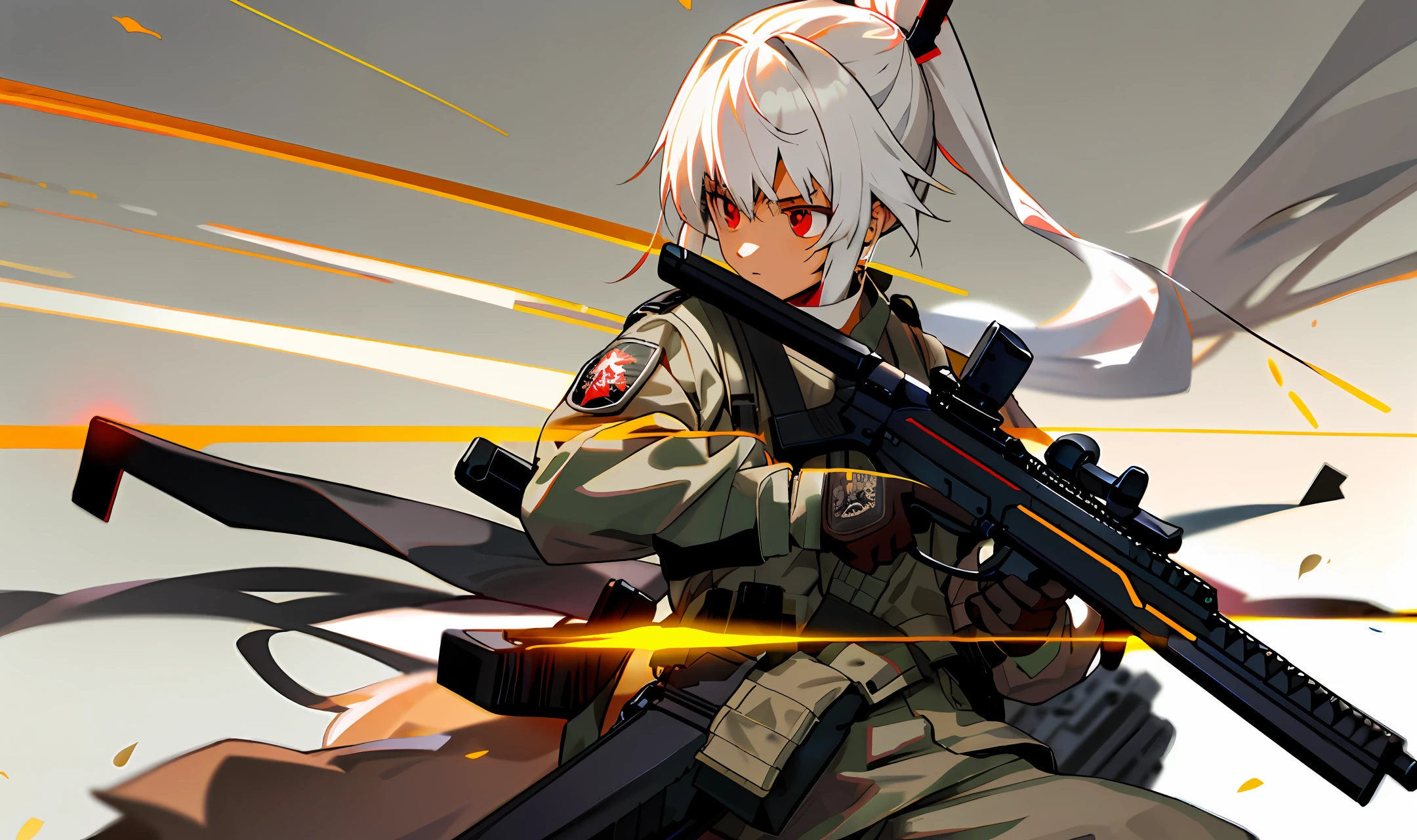 Anime Female PMC , Red eyes , Long straight white Pony tail hair , wear Tan Tactical Cap , wear Tan Tactical headphone , wear Tan Tactical Vest