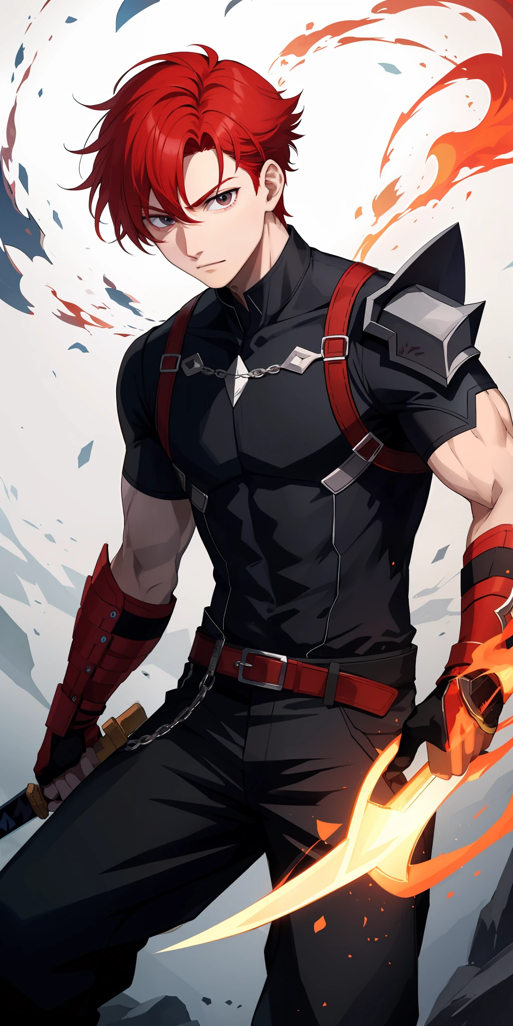 1Boy, has ice red hair, has sharp black eyes, give accurate facial features, give accurate hands, accurate legs, HD , has a sword , has a fire ability , holding a sword , he can control fire, he has the power of fire