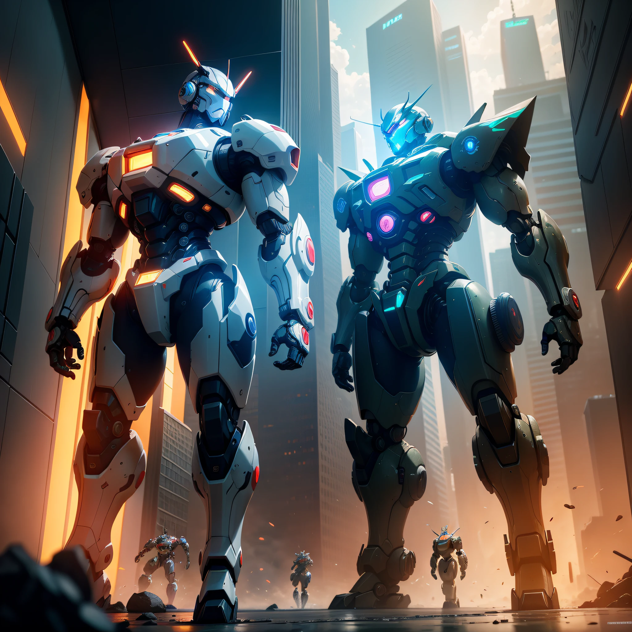 Masterpiece mecha robots artwork, high quality/ultra-detailed CG unity 8k wallpaper, dynamic angle/dynamic poses that capture the essence of robotic power. The robots have intricate/sci-fi design details that make them unique and awe-inspiring, accompanied by a futuristic cityscape/background with neon lights/vibrant colors that pop.