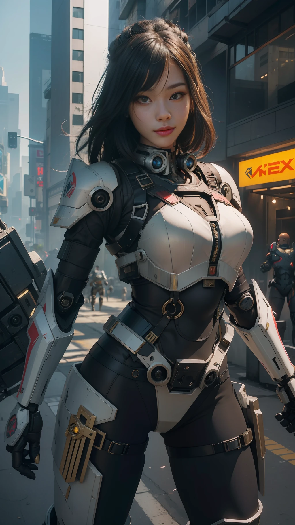 Beautiful hyperrealistic photograph of cute smiling asian cyberpunk female, (((wearing full heavy mecha armor, combat harness))) shapeless cyberpunk hairstyle, (((dynamic pose))), cyberpunk street background, abstract beauty, near perfection, pure form, Golden Ratio, concept art, By Brian Froud and Carne Griffiths and Wadim Kashin, intricate detail, 8k post-production, High resolution, super Detail, trending on ArtStation, sharp focus, studio photos, intricate detail, Very detailed, By Greg Rutkowski