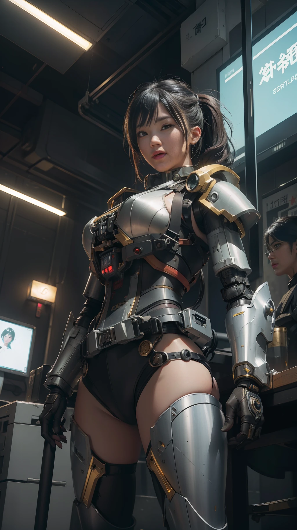 Beautiful hyperrealistic photograph of cute smiling asian cyberpunk female, (((wearing full heavy mecha armor, combat harness))) shapeless cyberpunk hairstyle, (((dynamic pose))), cyberpunk street background, abstract beauty, near perfection, pure form, Golden Ratio, concept art, By Brian Froud and Carne Griffiths and Wadim Kashin, intricate detail, 8k post-production, High resolution, super Detail, trending on ArtStation, sharp focus, studio photos, intricate detail, Very detailed, By Greg Rutkowski