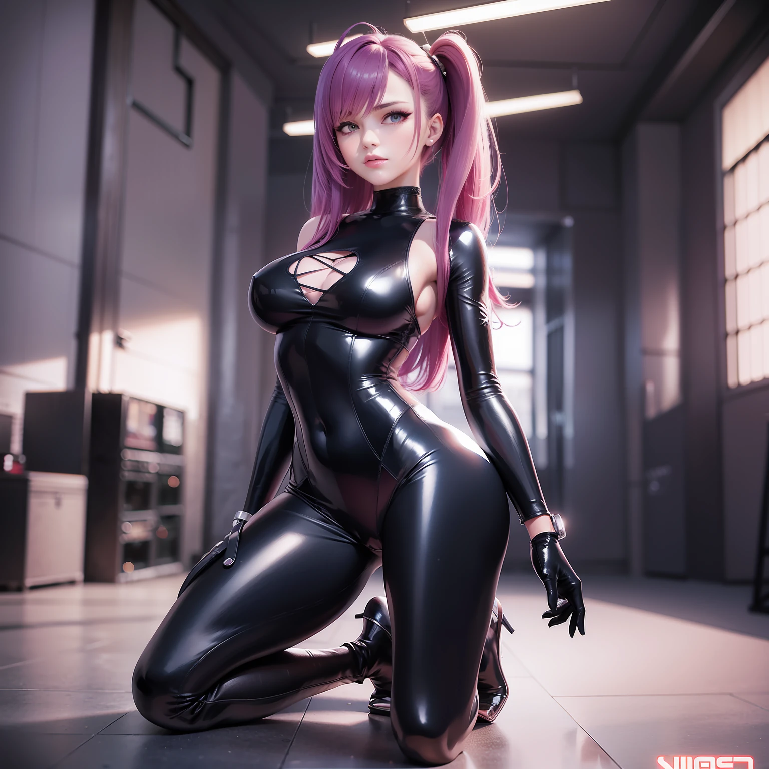 full body shot, sexy, shot from behind, young girl, teenage, detailed face, looking at viewer, perfect face, high cheekbones, strong jawline, high nose bridge, celestial nose, pointy nose tip, lipstick, makeup perfect body, high resolution, high quality, correct anatomy fantasy, nina body suit, leather, latex, high heels, special agent, gun, cyberpunk, inside palace, bedroom background, strong jawline, night --auto --s2