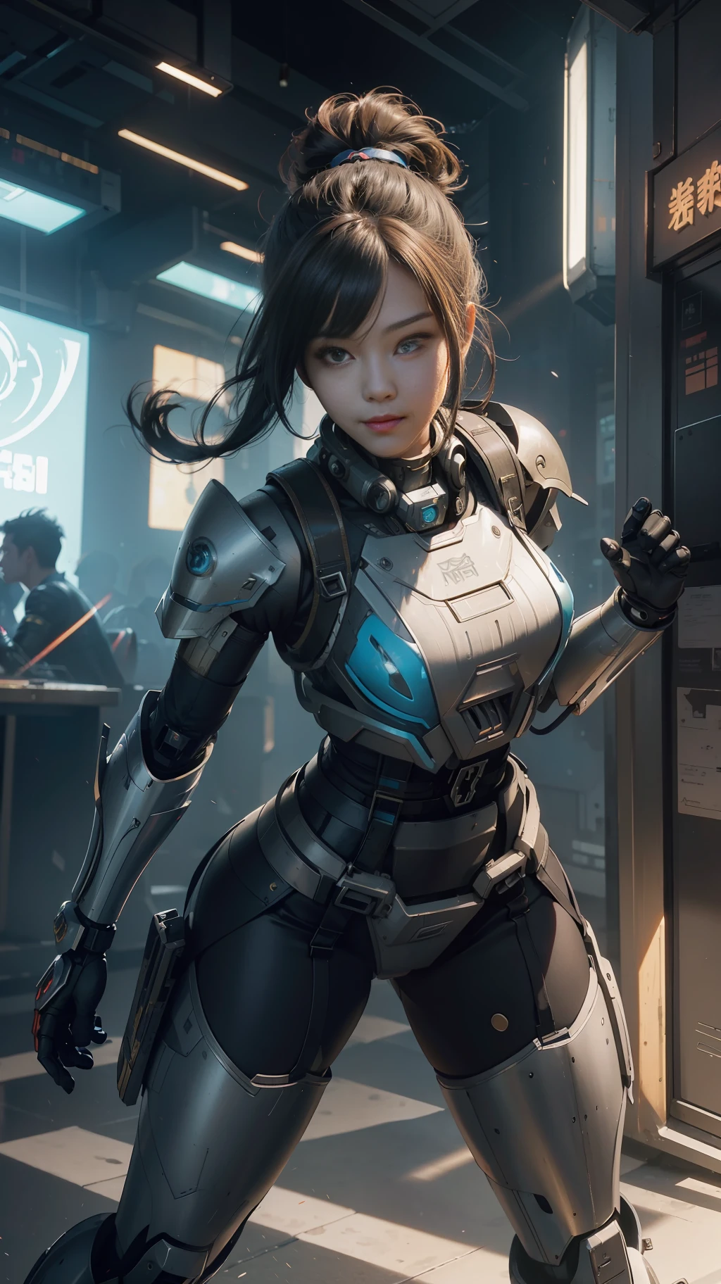 Beautiful hyperrealistic photograph of cute smiling asian cyberpunk female, (((wearing full heavy mecha armor, combat harness))) shapeless cyberpunk hairstyle, (((dynamic pose))), cyberpunk street background, abstract beauty, near perfection, pure form, Golden Ratio, concept art, By Brian Froud and Carne Griffiths and Wadim Kashin, intricate detail, 8k post-production, High resolution, super Detail, trending on ArtStation, sharp focus, studio photos, intricate detail, Very detailed, By Greg Rutkowski