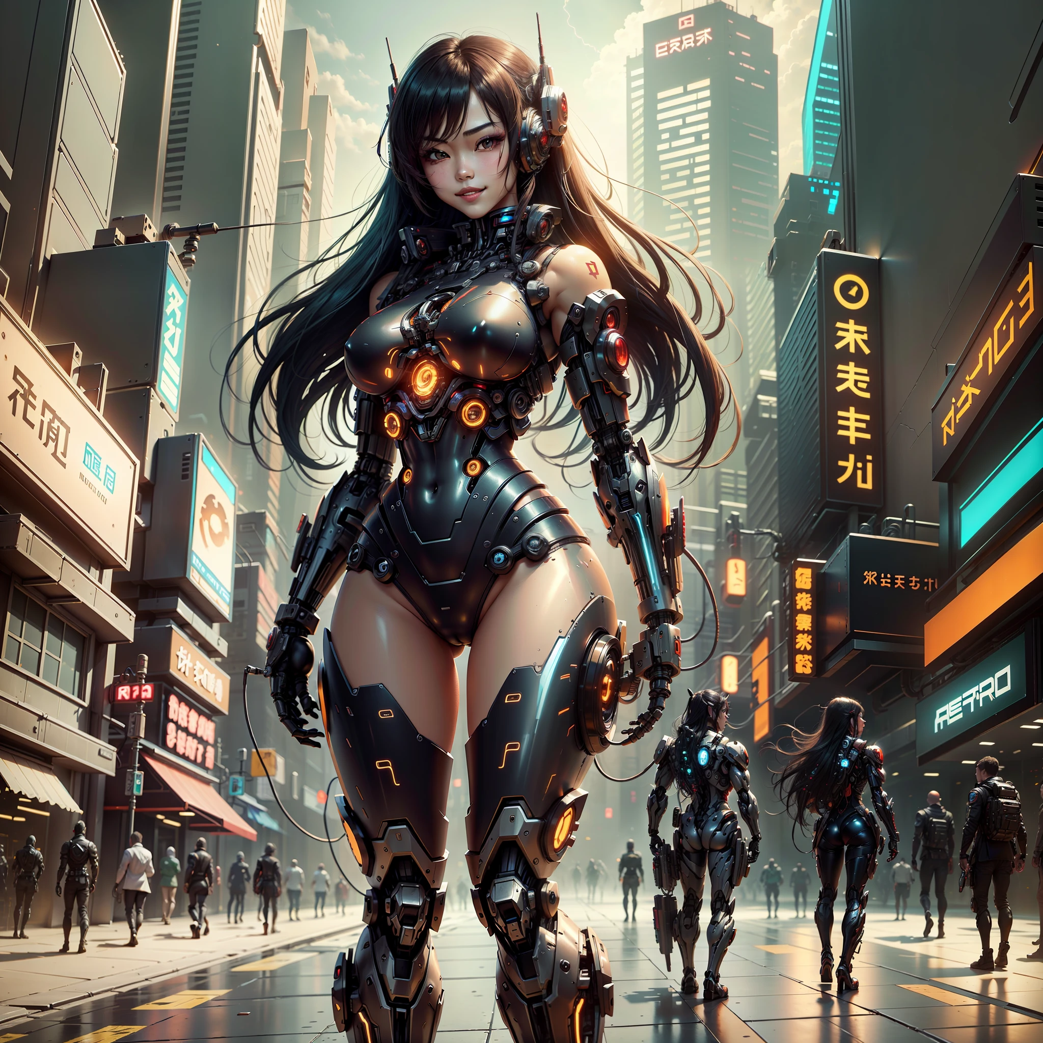 Mecha combined with flesh sexy asian woman, cyberpunk, full body, standing, hairstyle long hair, smile, cute face --auto --s2