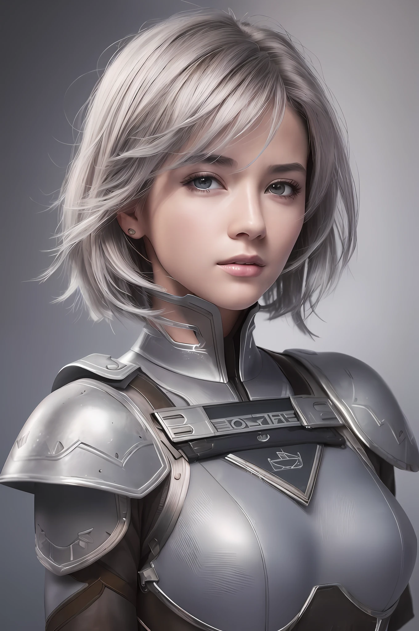 (8k, photorealistic, RAW photo, top quality: 1.4), (1girl), super beautiful, (realistic face), (boyish, silver-colored very short hair), beautiful dark heroine, glares at viewers, beautiful expression, beautiful breasts, (realistic skin), beautiful smile, (soldier), charming, ultra high resolution, ultra realistic, high definition, spoiled