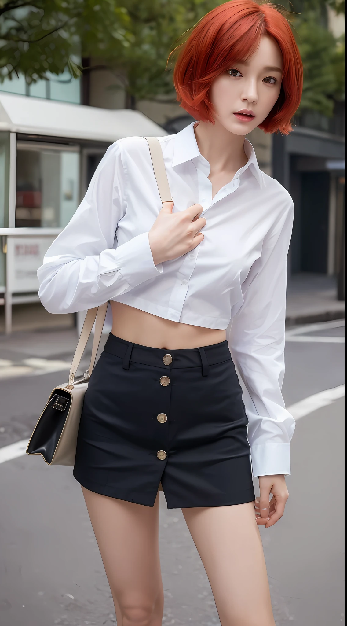 ((Best quality, 8k, Masterpiece :1.3)), Sharp focus :1.2, A pretty woman with perfect figure :1.4, Slender abs :1.2, ((red bob hair, small breasts :1.2)), (high heels,White button up office long shirt :1.1), City street:1.2, Highly detailed face and skin texture, Detailed eyes, Double eyelid
