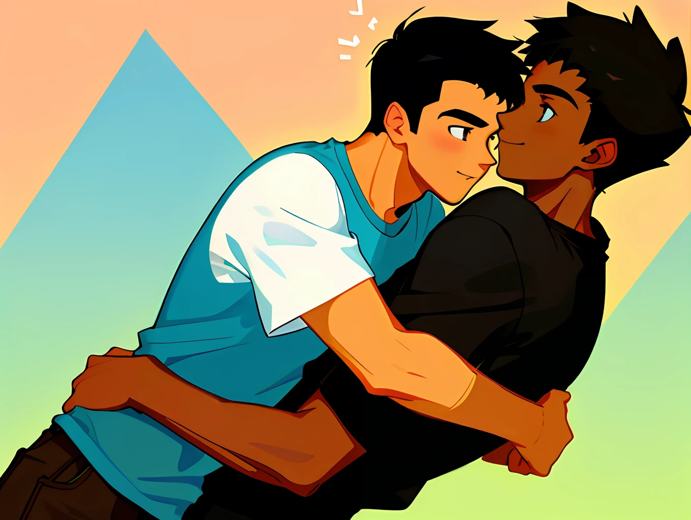 pixarstyle a black teenage guy, large t shirt, hugging a white guy, homoaffective,