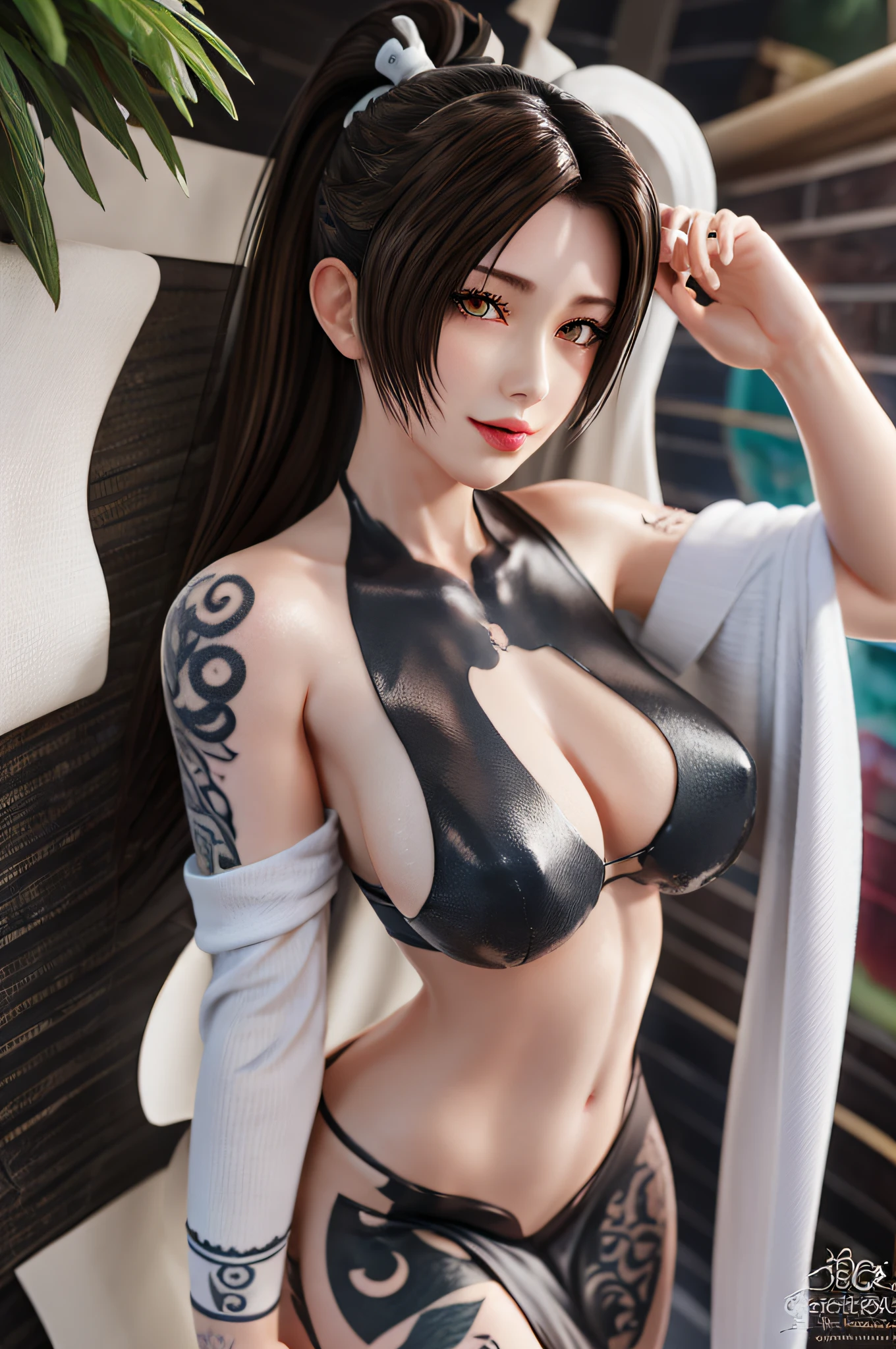 Bird's-eye view,Full body, solo, white underlinen, bangs, bare shoulders, black hair, blunt bangs, (huge stacked breasts), lips, long hair, moles under the mouth, purple eyes, slightly dilated lips, smile, see-through, (wearing bathrobes), Standing in the rainstorm, shame,(water-immersed body: 0.9), (Wet hair),(color-tattoos:1.5), (masterpiece: 1.4), (best quality: 1.4), real-life portrait photography, (shiny skin), looking at the viewer,Center,