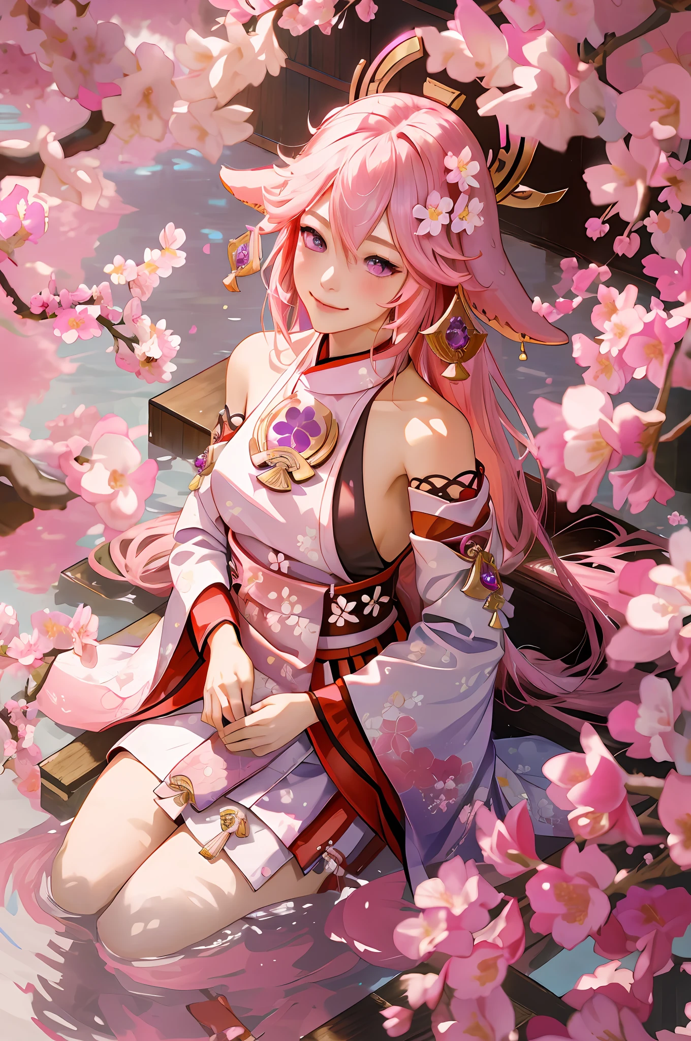 best quality, masterpiece, highres, 1girl,female,solo, mature female,yae miko, 1girl, \n/, animal ears, bare shoulders, blush, breasts, cherry blossoms, closed mouth, detached sleeves, earrings, flower, fox ears, gem, hair between eyes, hair ornament, japanese clothes, jewelry, kimono, long hair, medium breasts, miko, nontraditional miko, pink eyes, pink flower, pink hair, purple gemstone, short kimono, sidelocks, smile, solo, upper body, white kimono, ((masterpiece)), ((fullbody)) laying on top of cherry blossoms, lots of flowers, view from the above, top view, half submerged in pink flowers, pink water, sunset light