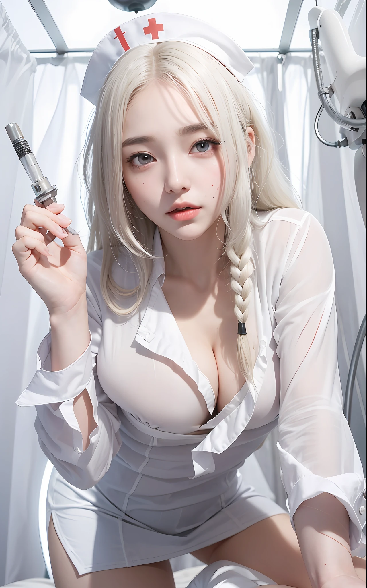 (Masterpiece, realistic, high resolution), (1 girl): 1.2), Korean, ((white wavy hair): 1.3), (heterochromic eyes: 1.1, thick eyebrows, small moles under the eyes), (nurse's uniform), (huge breasts): 1.2, thighs), on the water, cleavage,