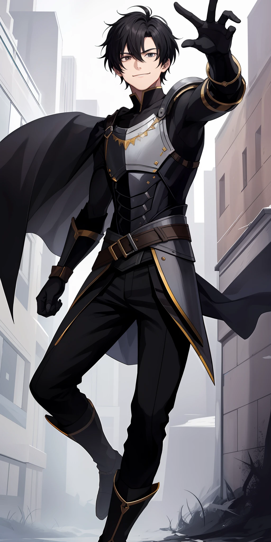 1Boy, has short waved black hair, has sharp black eyes, give accurate facial features, give accurate hands, accurate legs, has armor , HD , has the darkness ability , he controls darkness , he controls shadows , has the shadows ability , evil smile