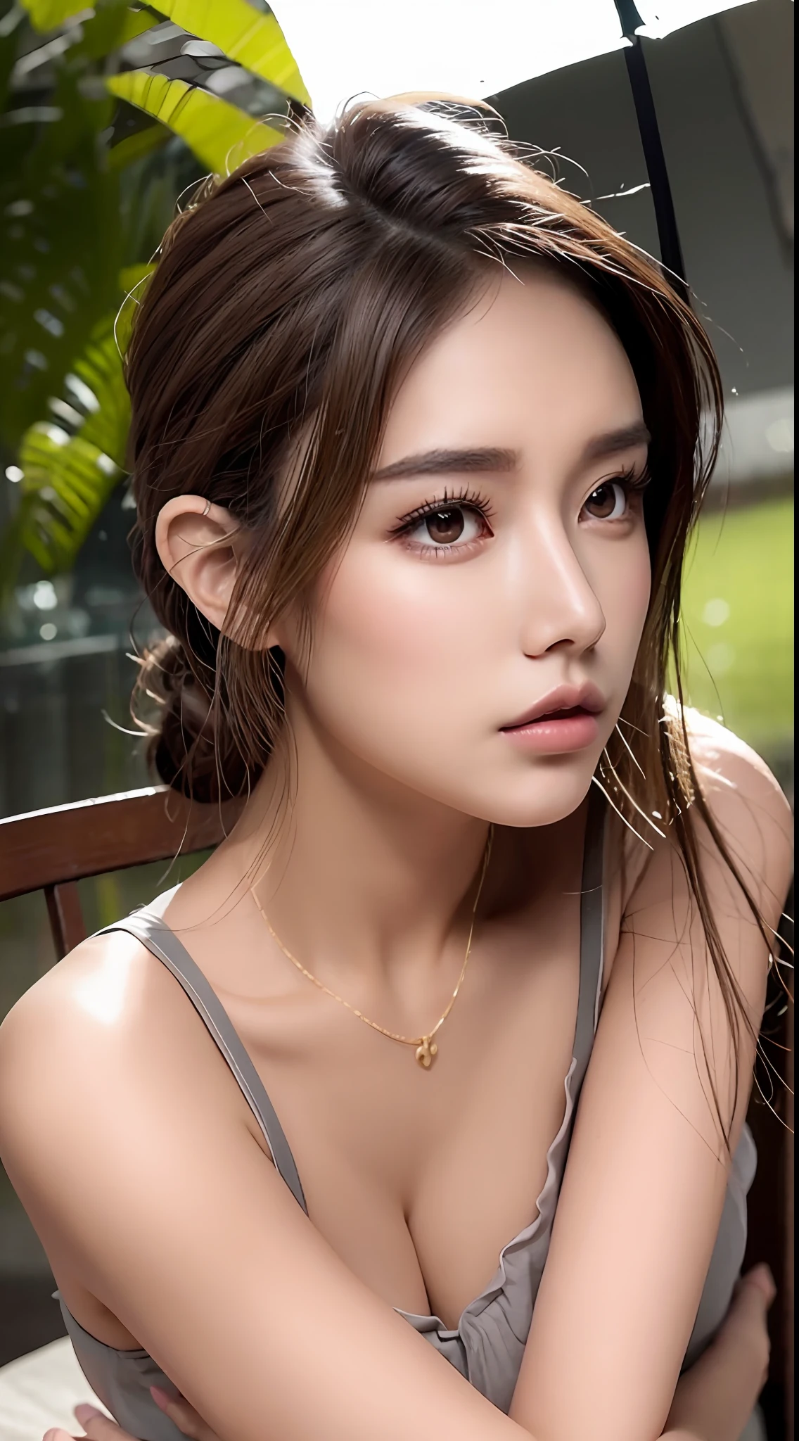 natural blushing Kpop idol, full body, (((chignon bronze hair))), see-through lingerie, dynamic poses, (RAW photo:1.2), (photorealistic:1.4), (masterpiece:1.3), (intricate details:1.2), beautiful detailed, (detailed eyes), (detailed facial features), (24 years old female), petite, small breasts, narrow waist, (looking_at_viewer:1.4), from_front, slim_legs, (best quality:1.4), (ultra highres:1.2), cinema light, outdoors, (extreme detailed illustration), (lipgloss, eyelashes, best quality, ultra highres, depth of field, caustics, Broad lighting, natural shading, 85mm, f/1.4, ISO 200, 1/160s:0.75)