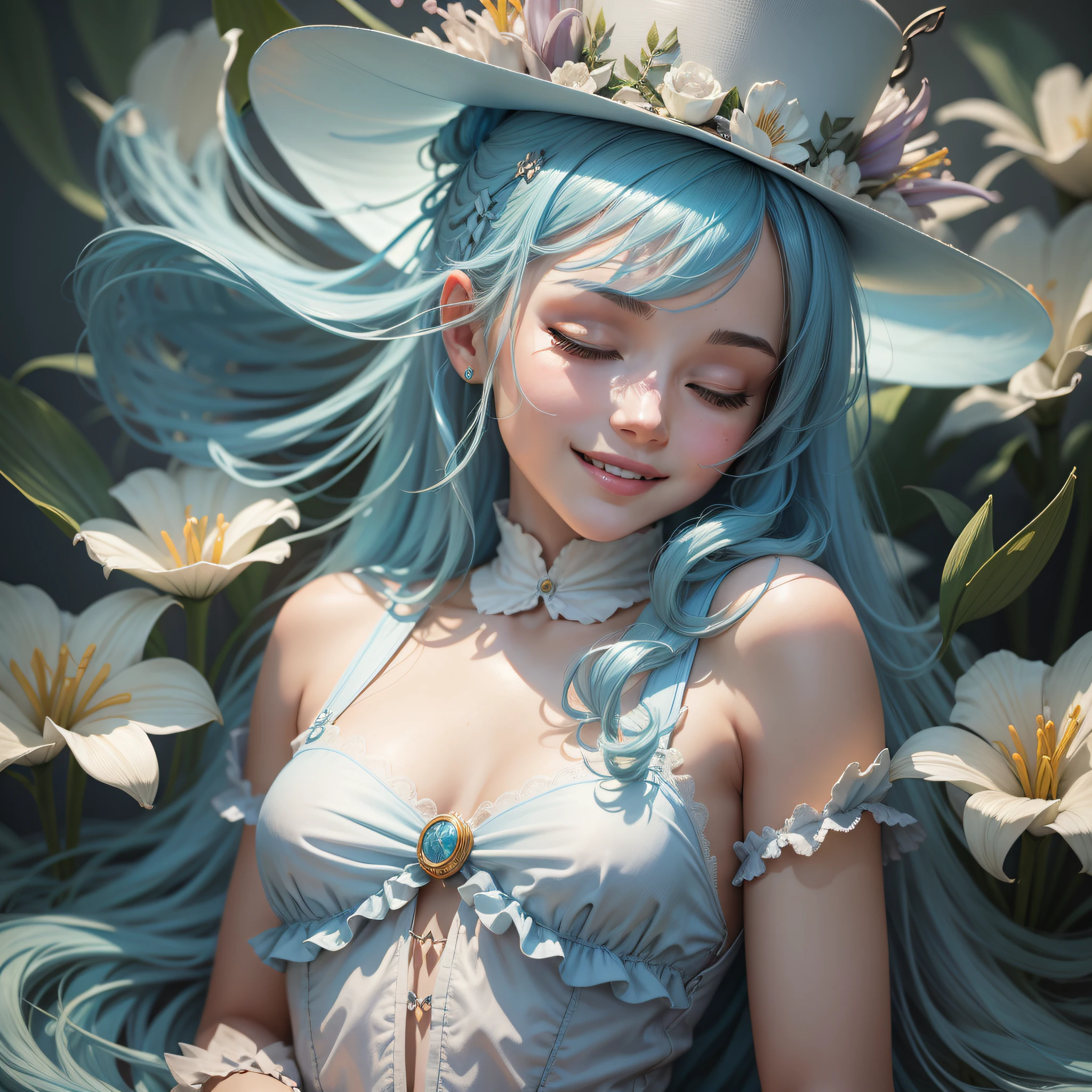 One Girl, lovable, A sea of lilies, light blue hair, mini top hat, closed eyes, smile, Realism, chiaroscuro, UHD, ccurate, high details, high quality, anatomically correct, masterpiece