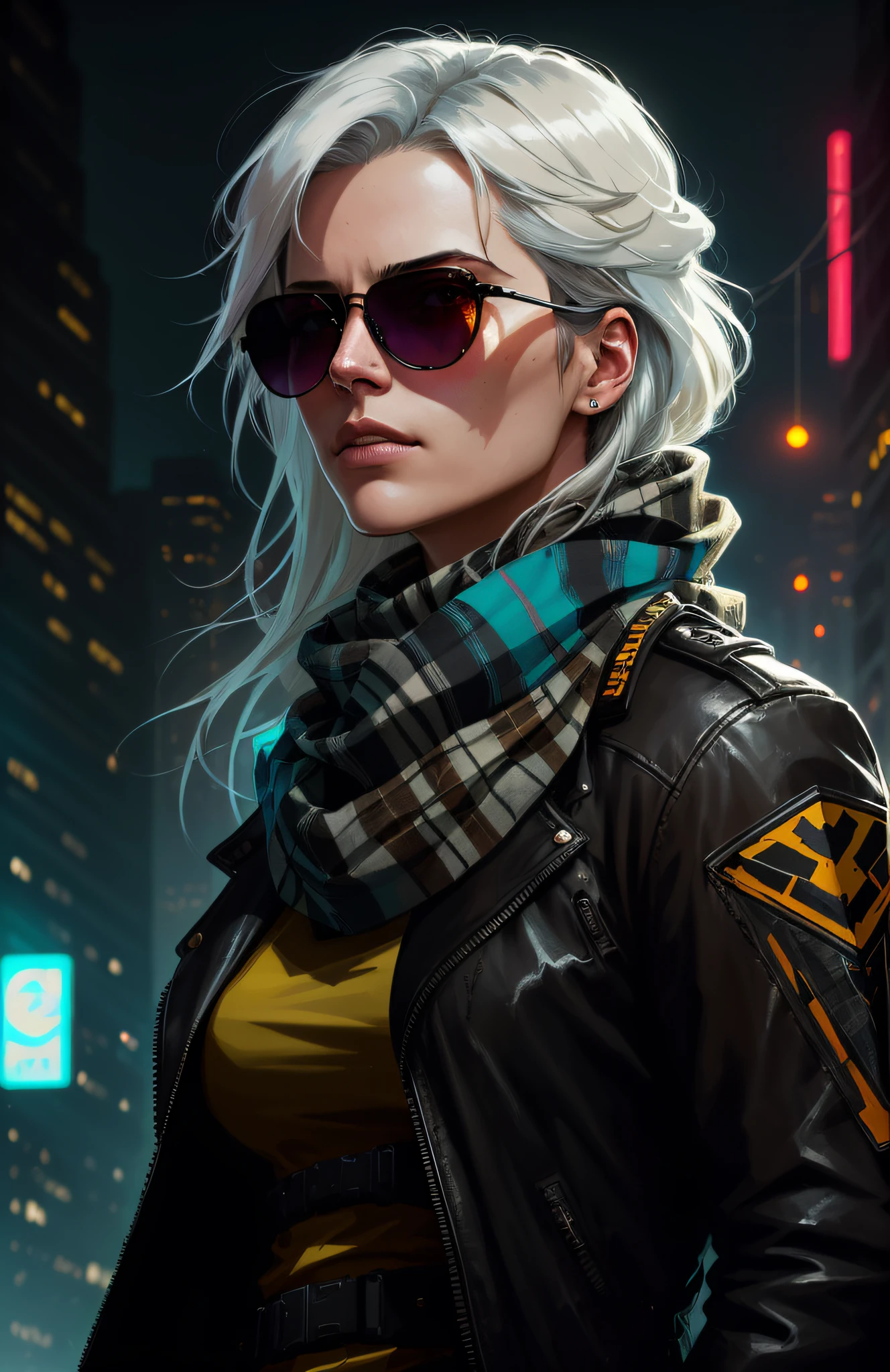 (dark shot:1.1), epic realistic, portrait of halo, sunglasses, blue eyes, tartan scarf, white hair by atey ghailan, by greg rutkowski, by greg tocchini, by james gilleard, by joe fenton, by kaethe butcher, gradient yellow, black, brown and magenta color scheme, grunge aesthetic!!! graffiti tag wall background, art by greg rutkowski and artgerm, soft cinematic light, adobe lightroom, photolab, hdr, intricate, highly detailed, (depth of field:1.4), faded, (neutral colors:1.2), (hdr:1.4), (muted colors:1.2), hyperdetailed, (artstation:1.4), cinematic, warm lights, dramatic light, (intricate details:1.1), complex background, (rutkowski:0.66), (teal and orange:0.4)