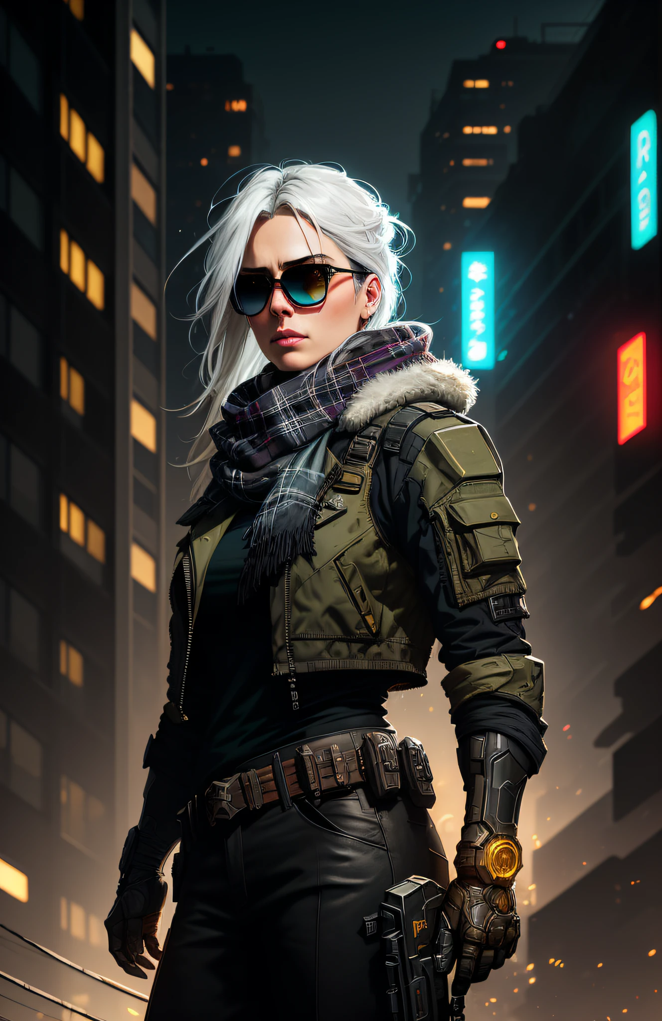 (dark shot:1.1), epic realistic, portrait of halo, sunglasses, blue eyes, tartan scarf, white hair by atey ghailan, by greg rutkowski, by greg tocchini, by james gilleard, by joe fenton, by kaethe butcher, gradient yellow, black, brown and magenta color scheme, grunge aesthetic!!! graffiti tag wall background, art by greg rutkowski and artgerm, soft cinematic light, adobe lightroom, photolab, hdr, intricate, highly detailed, (depth of field:1.4), faded, (neutral colors:1.2), (hdr:1.4), (muted colors:1.2), hyperdetailed, (artstation:1.4), cinematic, warm lights, dramatic light, (intricate details:1.1), complex background, (rutkowski:0.66), (teal and orange:0.4)