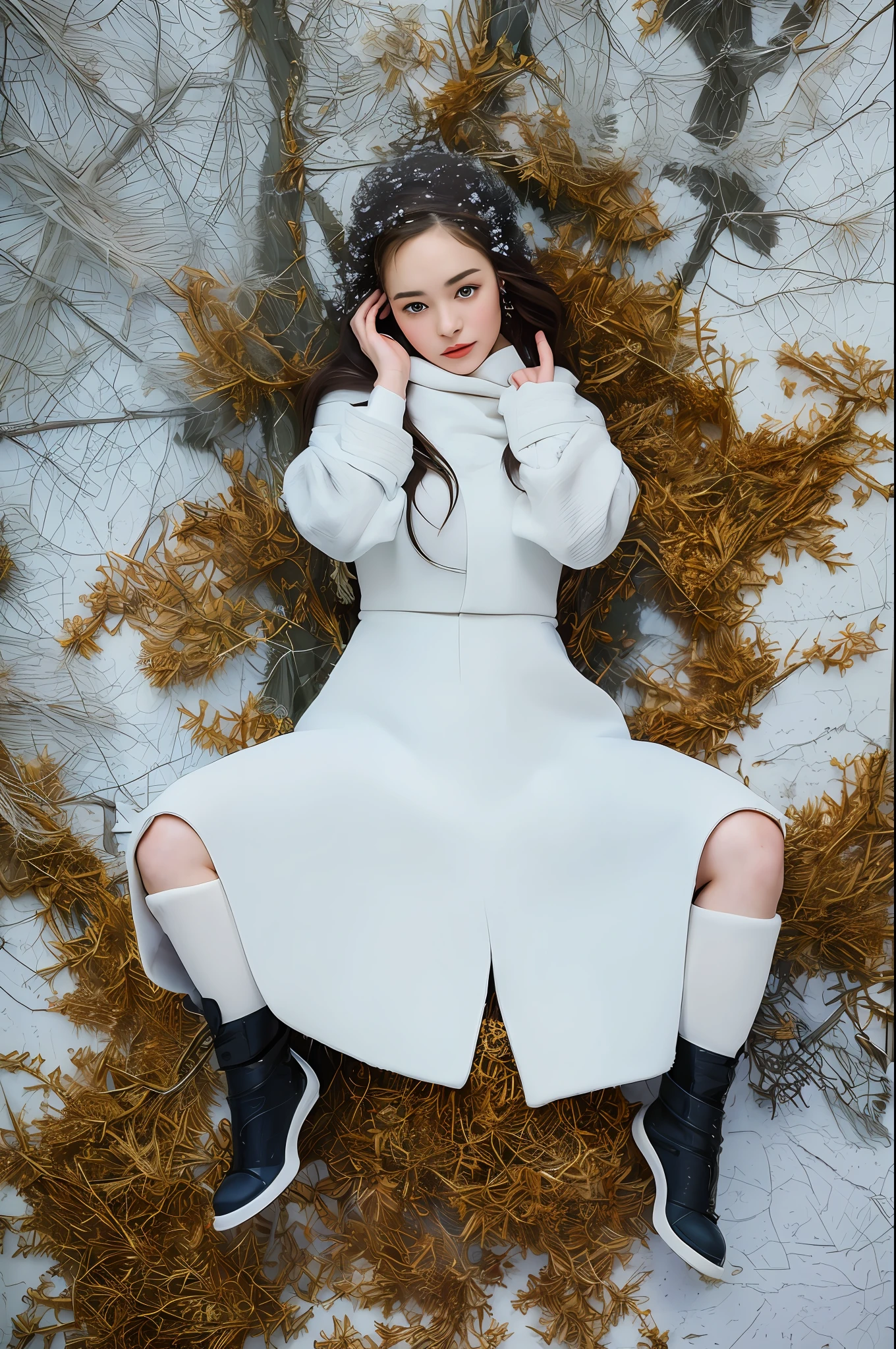 (best quality, masterpiece, ultra highres:1.2) Photo of Pretty Japanese woman in the (style of paul rubens and rebecca guay:1.1) (melancholy winter snow:1.4)