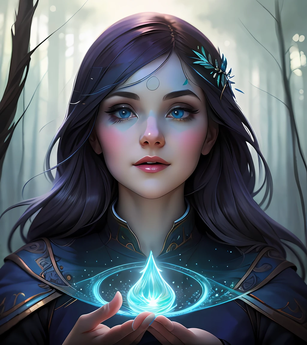 ((best quality)), ((masterpiece)), ((detailed)), portrait+ style, blue forest background, portrait of a (sorceress), beautiful eyes, bright face, (in a surreal field:1.1), mature, Colorful dress, amazing woman, highly detailed face, highly detailed skin, (magical style:1.1), character design, 16k, absurdres, fantasy art, (illustration:1.2), soft cinematic lighting, high quality, greg rutkowski and loish art,