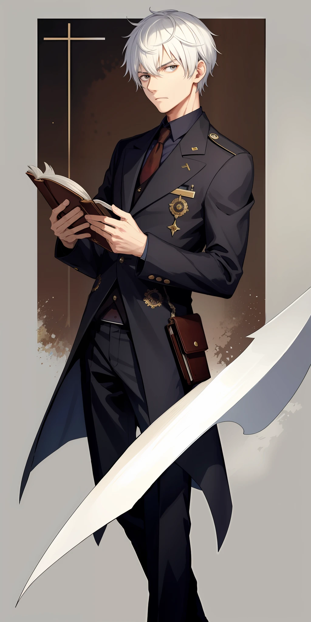 1man, has short white hair, has wid brown eyes, give accurate facial features, give accurate hands, accurate legs, HD , holding a strange book, has a strange ability , mysterious person , melanchole person , a leader , dark background , serious face , firm face