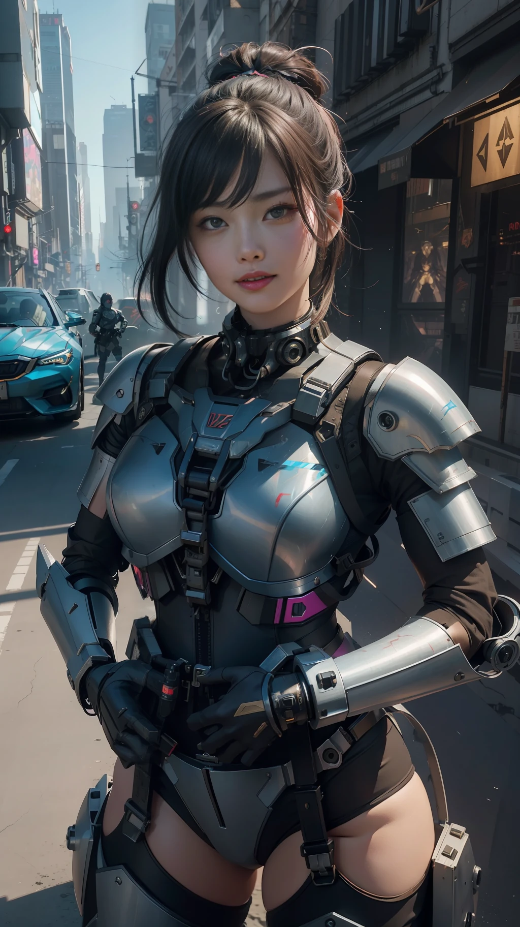 Beautiful hyperrealistic photograph of cute smiling asian cyberpunk female, (((wearing full heavy mecha armor, combat harness))) shapeless cyberpunk hairstyle, (dynamic pose), cyberpunk street background, abstract beauty, near perfection, pure form, Golden Ratio, concept art, By Brian Froud and Carne Griffiths and Wadim Kashin, intricate detail, 8k post-production, High resolution, super Detail, trending on ArtStation, sharp focus, studio photos, intricate detail, Very detailed, By Greg Rutkowski