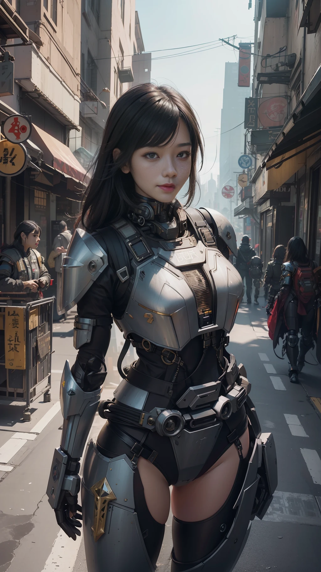 Beautiful hyperrealistic photograph of cute smiling asian cyberpunk female, (((wearing full heavy mecha armor, combat harness))) shapeless cyberpunk hairstyle, (dynamic pose), cyberpunk street background, abstract beauty, near perfection, pure form, Golden Ratio, concept art, By Brian Froud and Carne Griffiths and Wadim Kashin, intricate detail, 8k post-production, High resolution, super Detail, trending on ArtStation, sharp focus, studio photos, intricate detail, Very detailed, By Greg Rutkowski