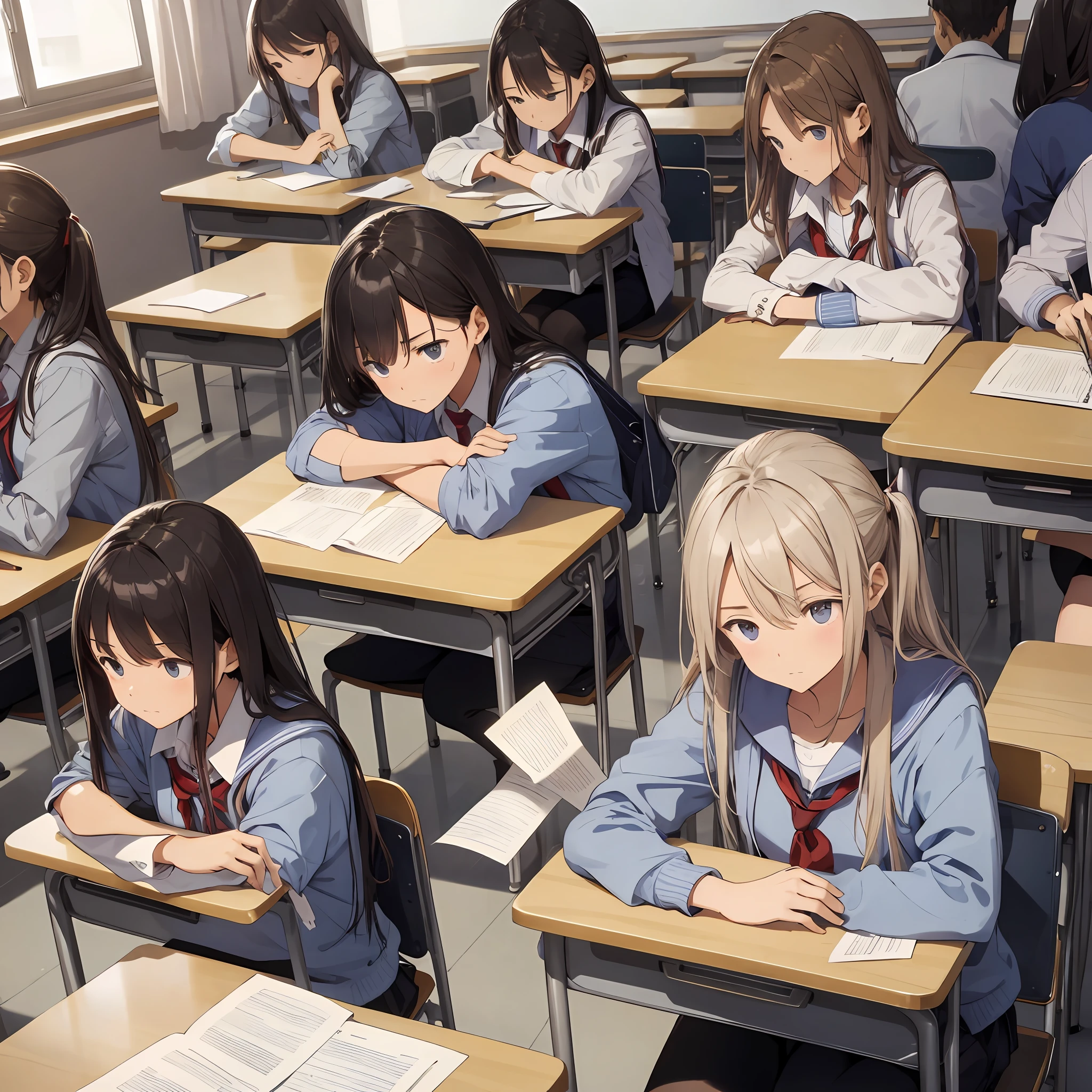 In the classroom, many students are taking exams with serious expressions