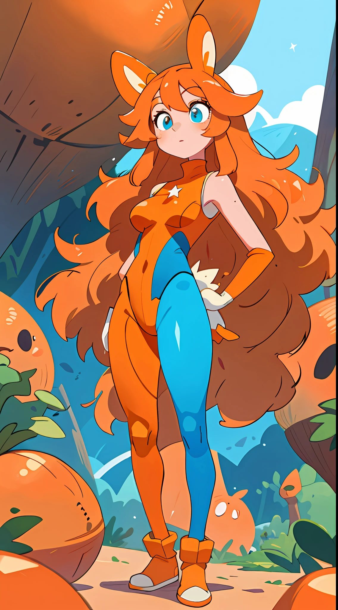 (absurdres, highres, ultra detailed), 2d, anime, 1girl, long legs, full body, orange skin, mature female with large breasts, orange very long hair, blue eyes, white pupil, hero, sleeveless blue spandex bodysuit, long orange rabbit ears, finely detailed eyes and detailed face, cowboy shot, vibrant colors, star motif, good composition, standing in a fantasy desert village, buildings, small dinosaurs in background