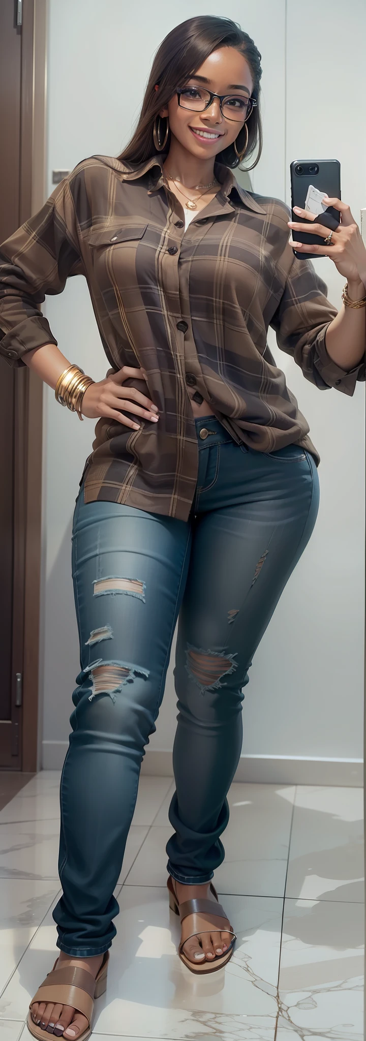 A woman with light brown skin, wearing glasses holding a cell phone (beautiful and a smile)