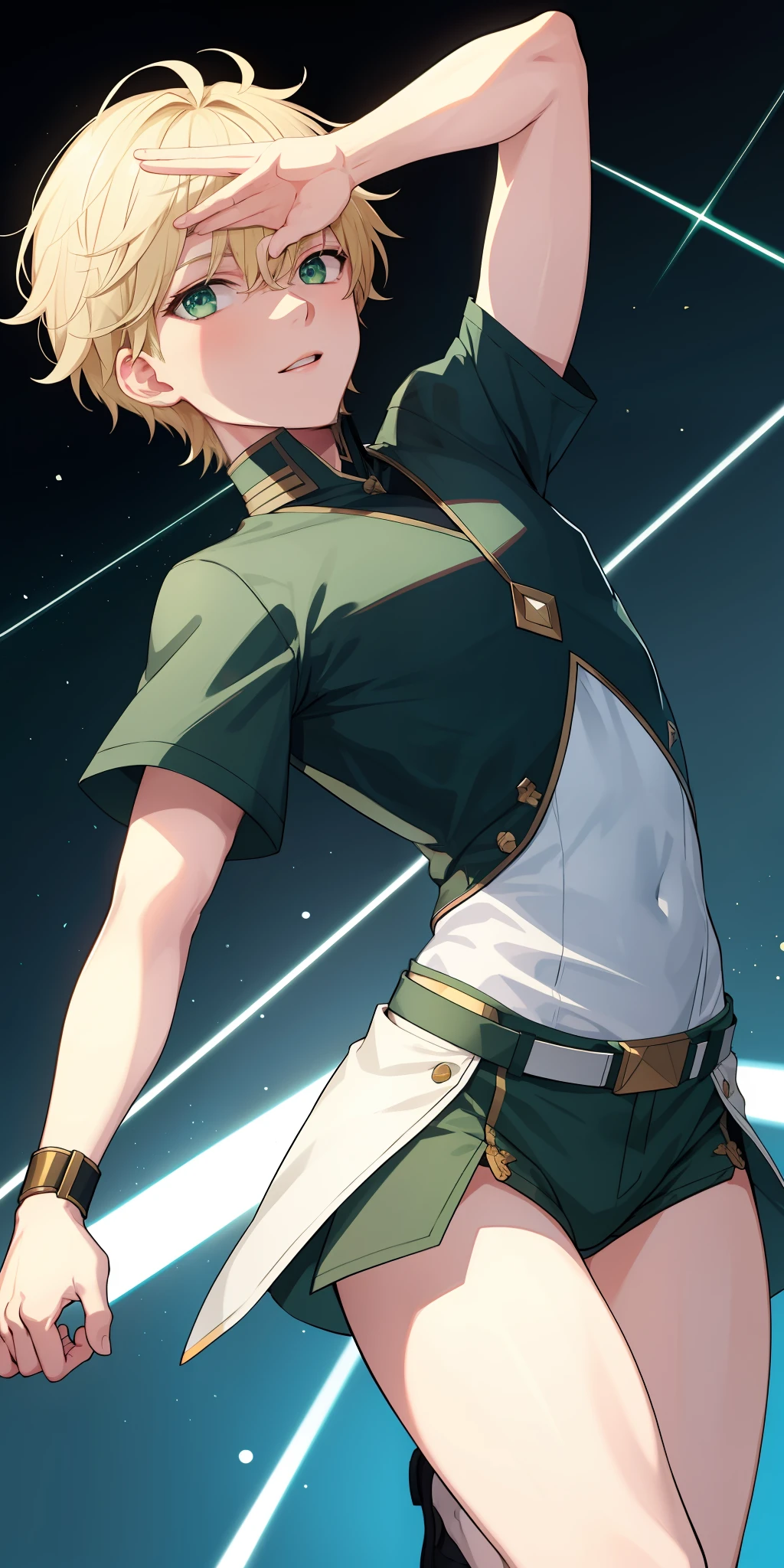 1Boy, has short blond hair, has sharp green eyes, give accurate facial features, give accurate hands, accurate legs, HD , thighs appears , has a light ability , he can control lights , he has the power of light