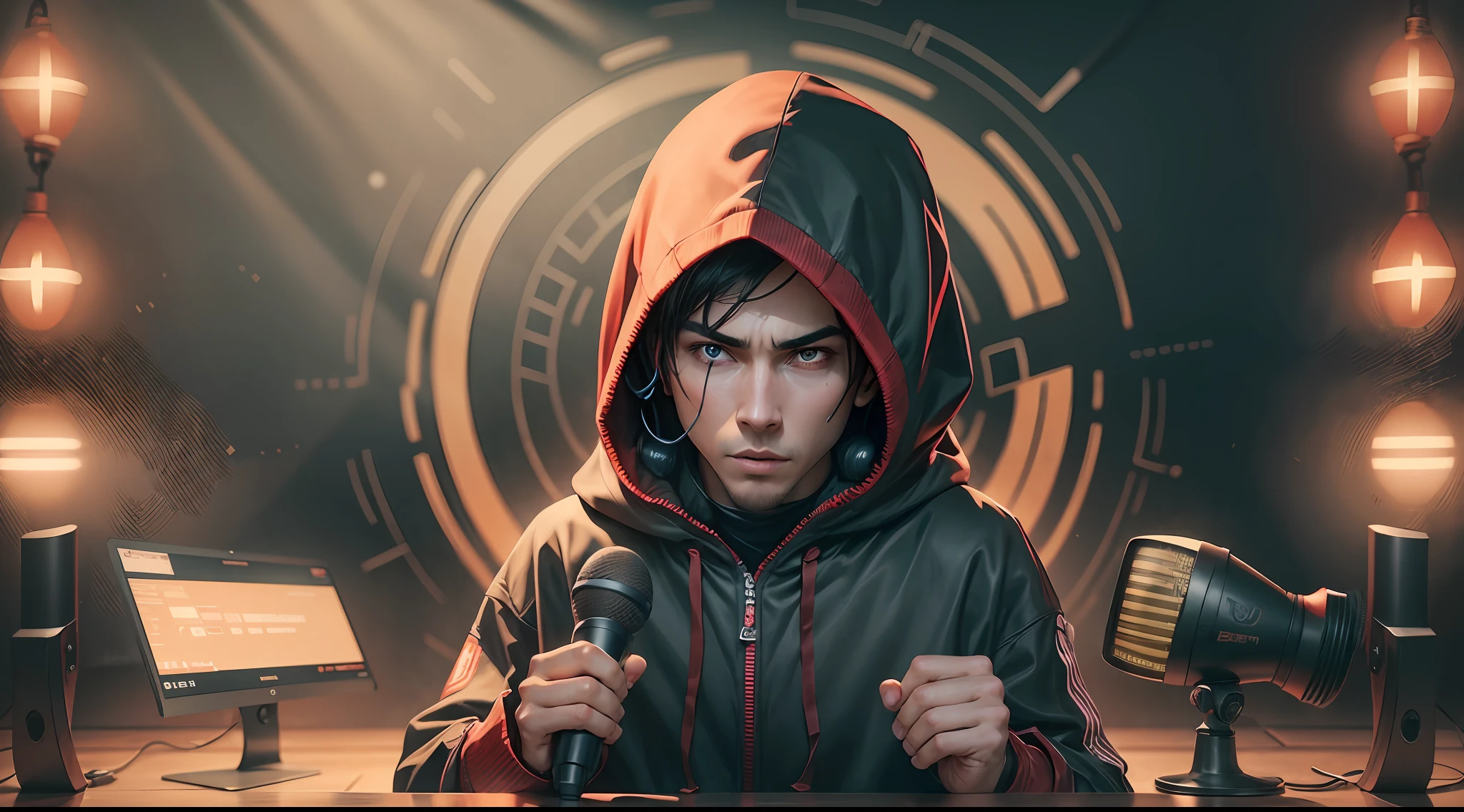 Banner,a hooded ninja with headset, facing camera, with a table in front of it a microphone and electronic equipment, dark theme red and dark colors