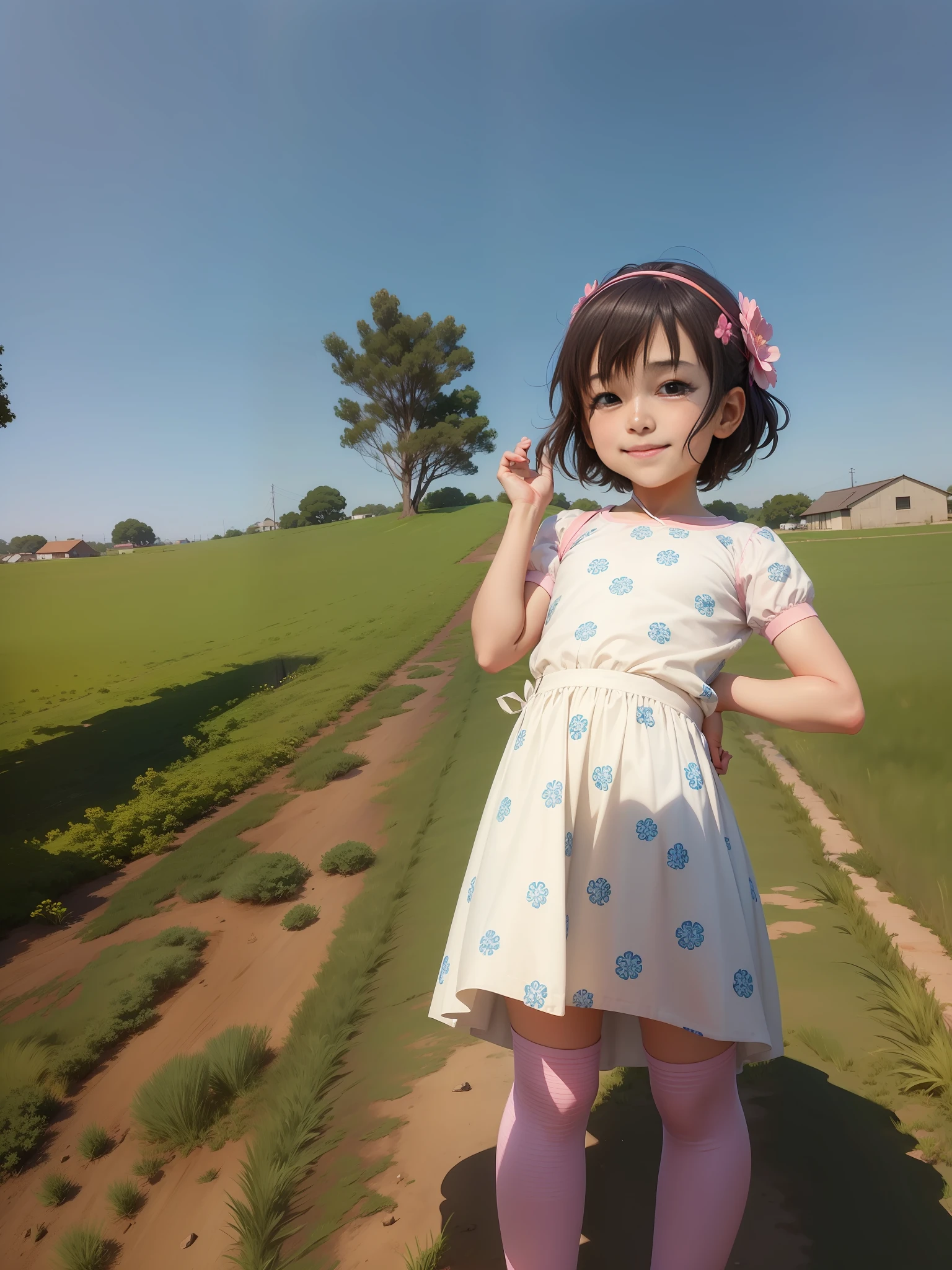 A cute smiling, wearing a small pink flower hair ornament on her head, blue sky with 1 kite high and far away, style like Makoto Shinkai, with anime graphics in illustration style. --auto --s2