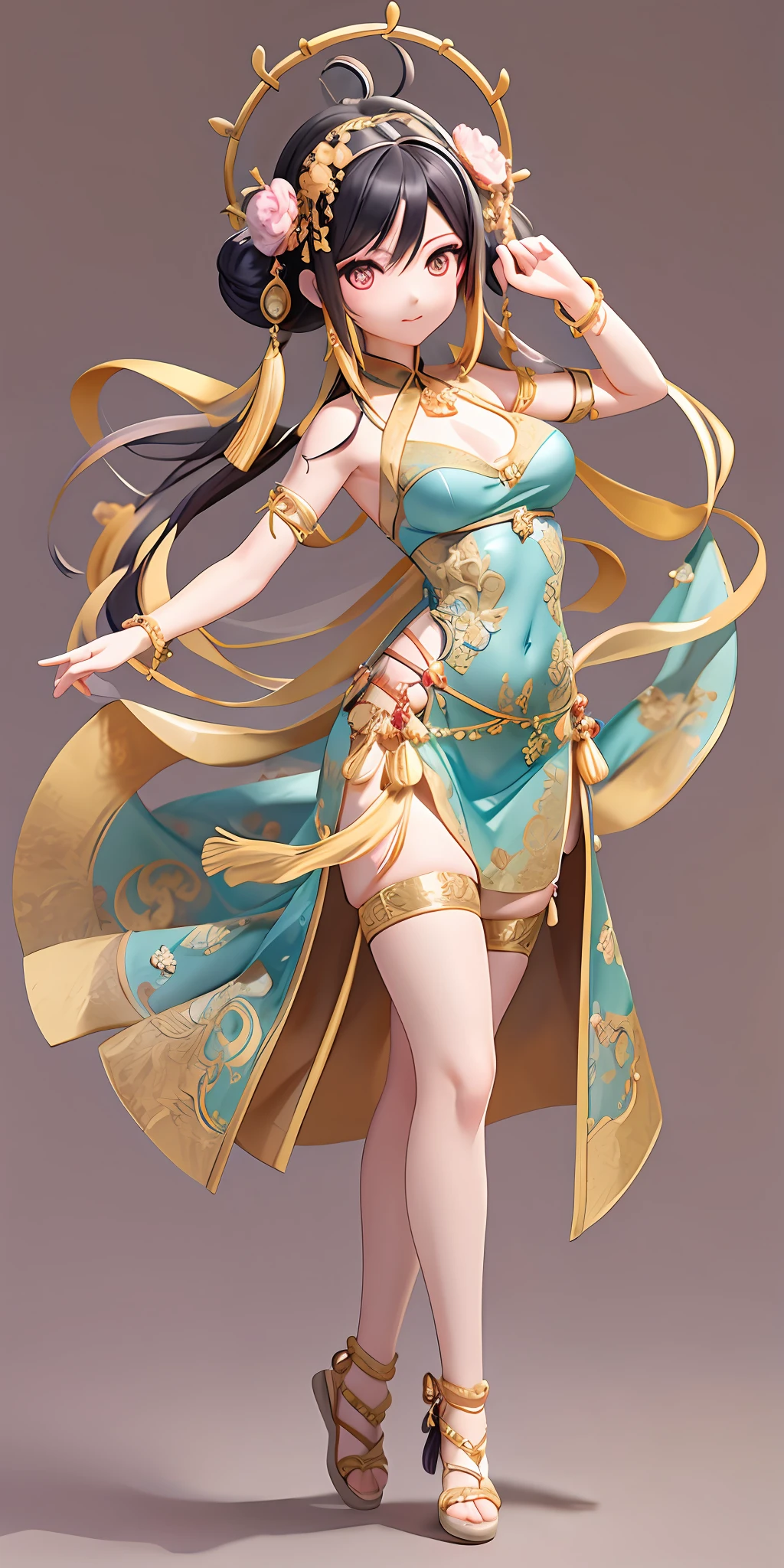 An ancient Chinese beauty, in a dancing pose, in a gorgeous dress embroidered with intricate embroidery, with transparent colorful ribbons tied around her arms, flowing tulle, exposed navel, bare shoulders, open neck, wreath, black bun with flower hairpins Belts, armbands with streamers, necklaces, bracelets, anklets, metal chain tassels around the waist, Mogao Grottoes art, inspiration from Dunhuang Flying Apsaras murals, ink wash, full body, chibi, cgstation pop --v 6