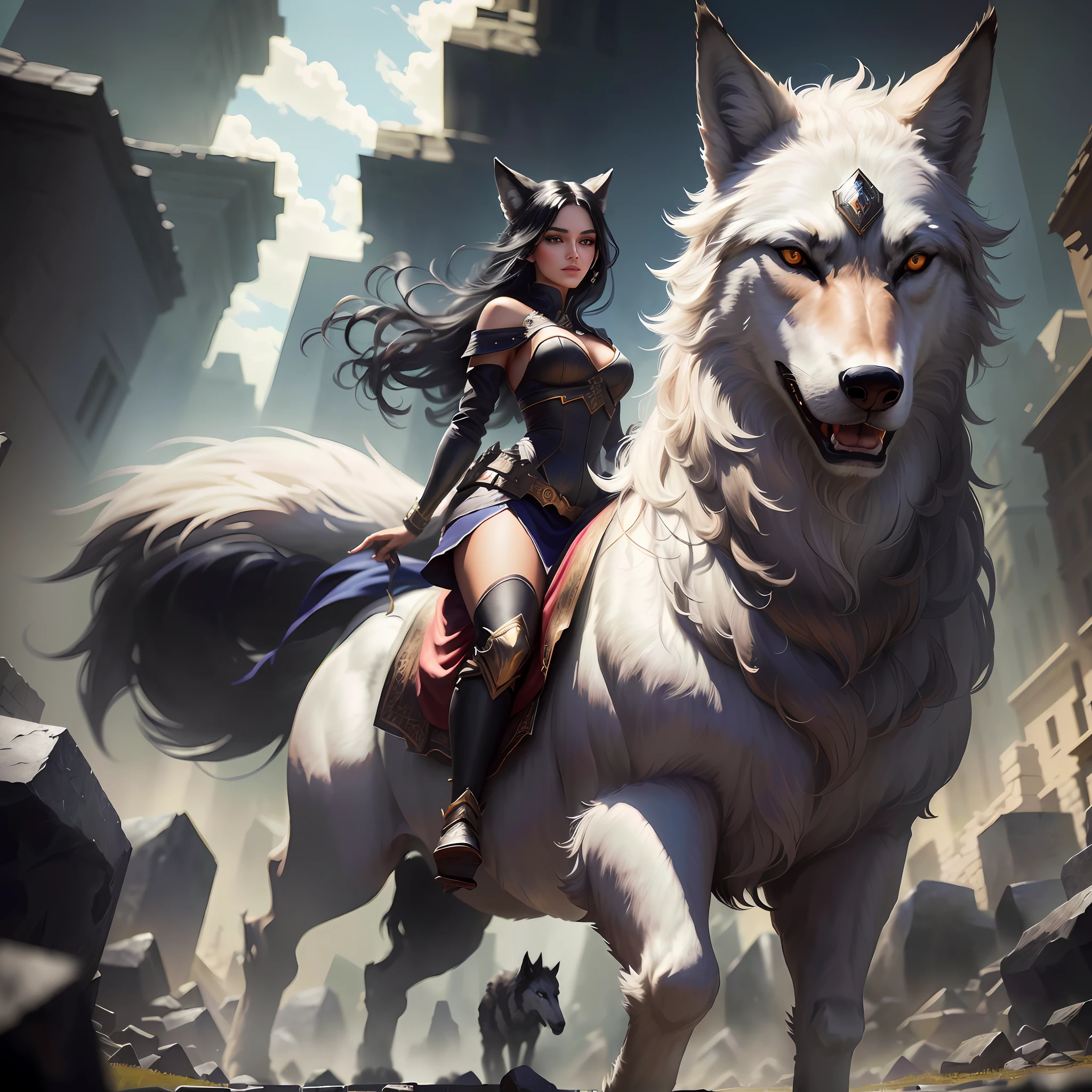 beautiful woman, black hair, symmetrical, perfect, mounted on top of a wolf, giant, stepping on stone, diamond, with small steps, lurking on the battlefield. realistic image, high quality 4k, realistic image