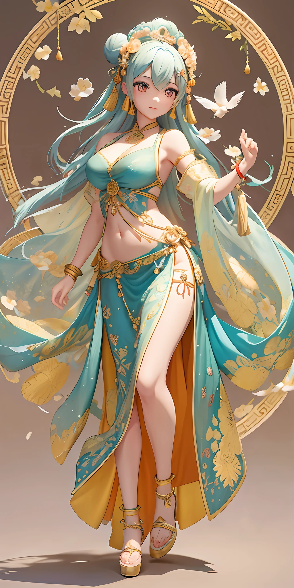 An ancient Chinese beauty, in a dancing pose, in a gorgeous dress embroidered with intricate embroidery, with transparent colorful ribbons tied around her arms, flowing tulle, exposed navel, bare shoulders, open neck, wreath, black bun with flower hairpins Belts, armbands with streamers, necklaces, bracelets, anklets, metal chain tassels around the waist, Mogao Grottoes art, inspiration from Dunhuang Flying Apsaras murals, ink wash, full body, chibi, cgstation pop --v 6