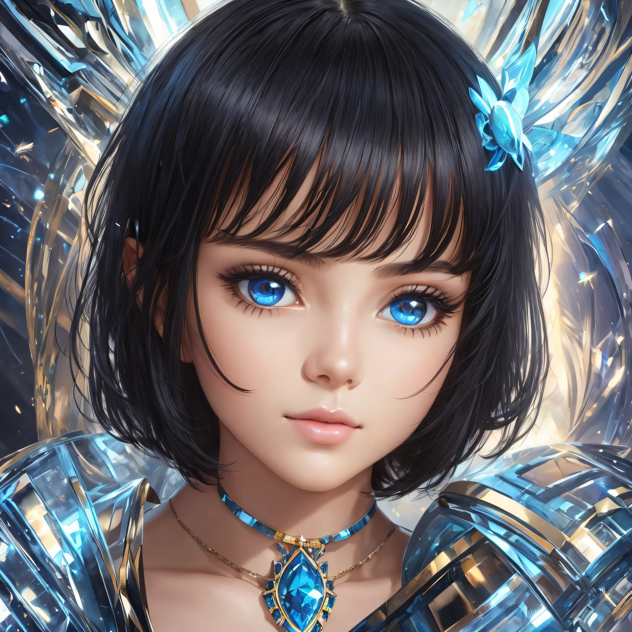 Milenka Mikhailova, (masterpiece), realism, (portrait of a girl), beautiful face, sunlight, cinematic light, bangs, beautiful woman, beautiful eyes, short black hair, perfect anatomy, very cute, princess eyes, (eyes black), (frame head), centered, stylized, bioluminescent, 8K resolution, low-cut white dress, small blue details, human hands, full of wonder, elegant, close to perfection, dynamic, highly detailed, character table, concept art, soft, looking directly at the position of the viewer, makes her body symmetrical and balanced, incredibly beautiful, short black hairstyle, bangs, full body, --auto --s2