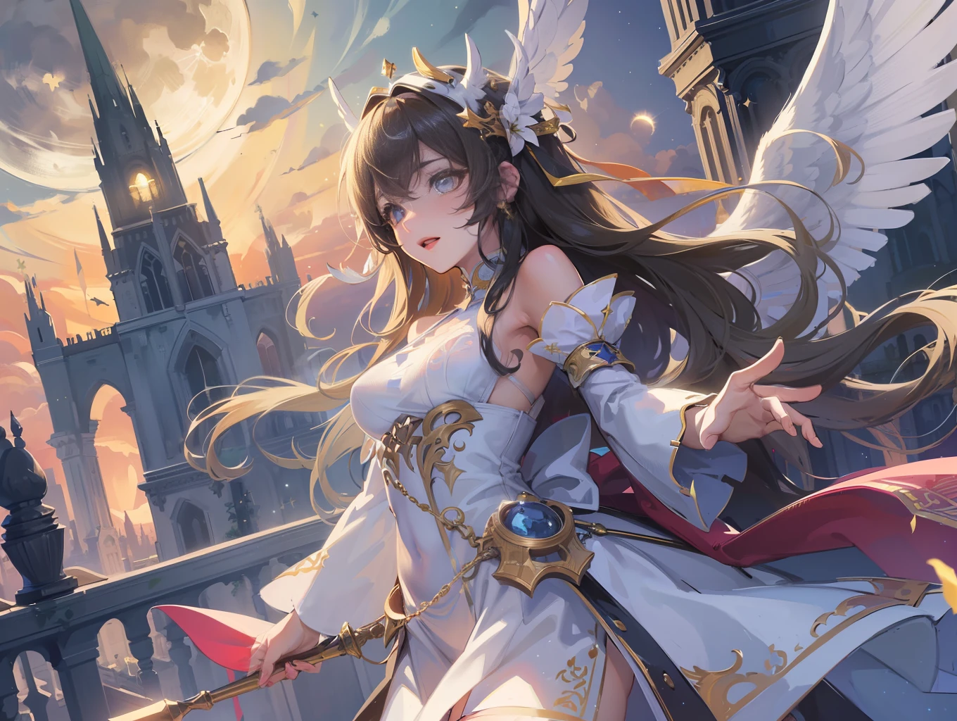(Masterpiece, Top Quality, Top Quality, Official Art, Beautiful and Aesthetic, 2 Angels: 1.5), there are two angels with large snow-white wings on the roof of the castle's spire on a full moon night. Angels are men and women. The two are lovers. Blissful lover. Happy look. They are dressed in sacred costumes with intricate and delicate decorations. Detail drawing. Masterpiece back, midnight, full moon, moonlight, castle, spire, night sky, shooting star, transparency. High resolution .8k wallpapers