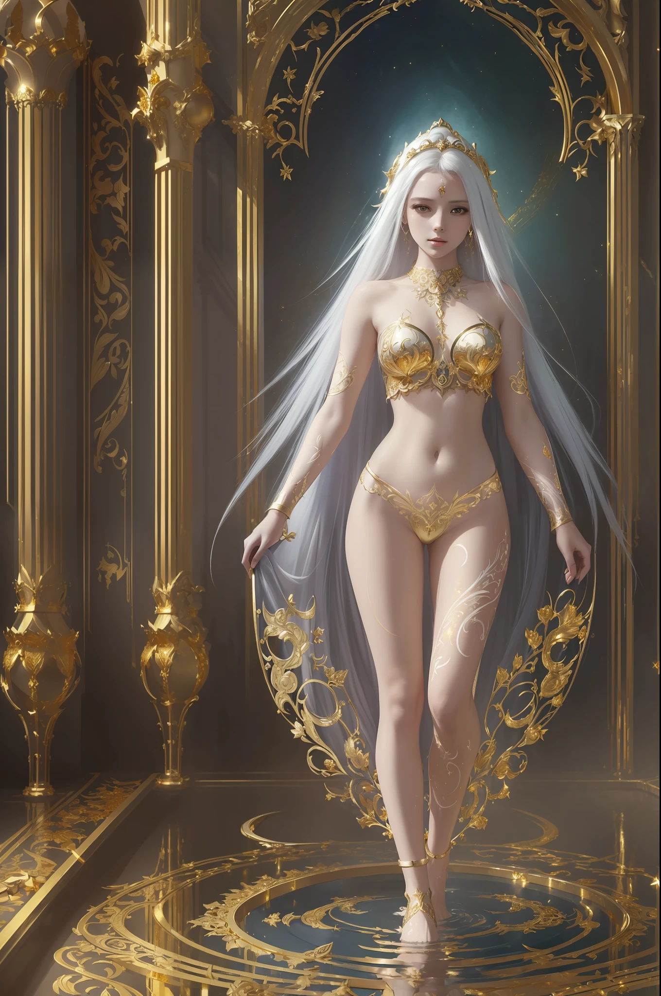 (Best quality, masterpiece, ArtStation, Fantasy Art:1.2), a dim dark palace room, a beautiful cute girl standing in water, (long white hair:1.1), (intricate gold full body paint:1.35),( crop top:1.2)