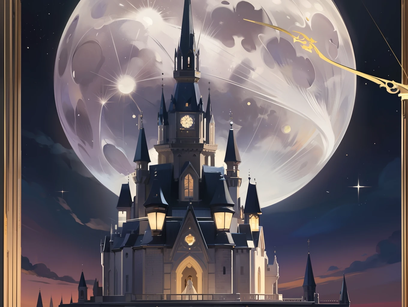 (Masterpiece, Top Quality, Top Quality, Official Art, Beautiful and Aesthetic, 2 Angels: 1.5), there are two angels with large snow-white wings on the roof of the castle's spire on a full moon night. Angels are men and women. The two are lovers. Blissful lover. Happy look. They are dressed in sacred costumes with intricate and delicate decorations. Detail drawing. Masterpiece back, midnight, full moon, moonlight, castle, spire, night sky, shooting star, transparency. High resolution .8k wallpapers