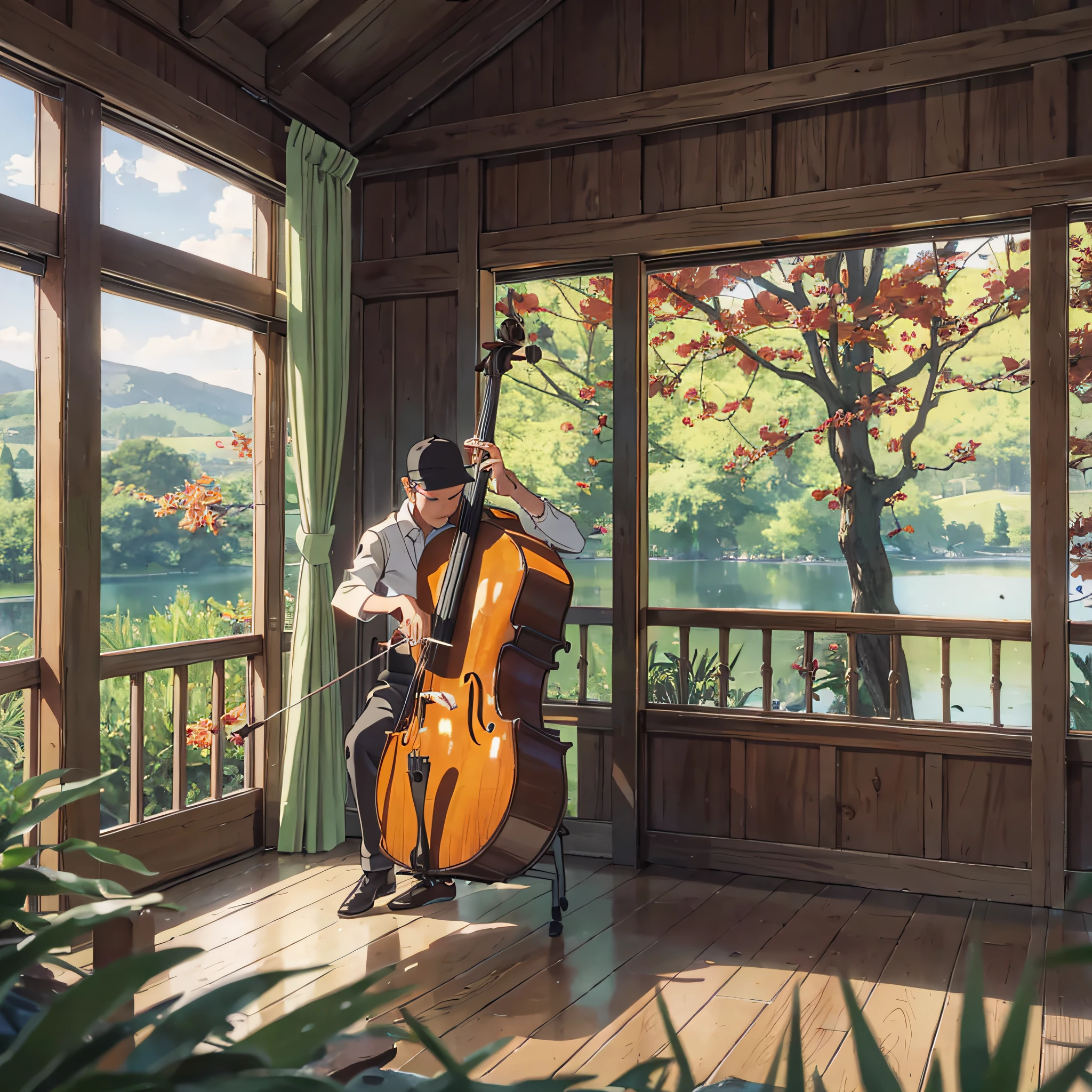 Man playing cello
Meadow with a view of the lake
Fantastic
mysterious
Beautiful trees