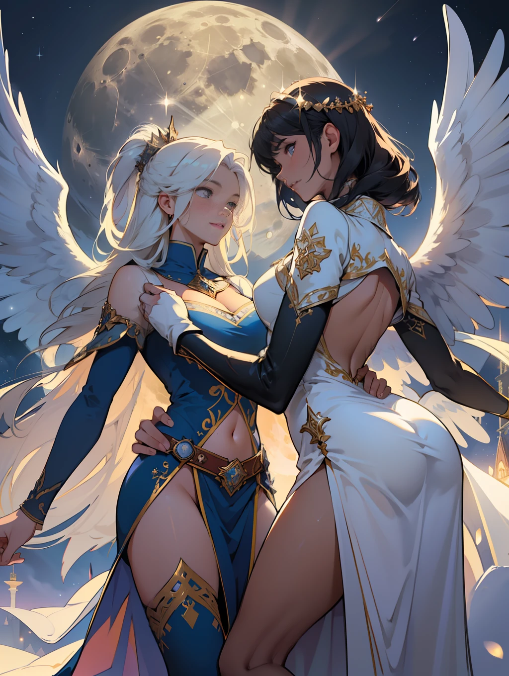 (Masterpiece, Top Quality, Top Quality, Official Art, Beautiful and Aesthetic, 2 Angels: 1.5), there are two angels with large snow-white wings on the roof of the castle's spire on a full moon night. Angels are men and women. The two are lovers. Blissful lover. Happy look. Glowing eyes. They are dressed in sacred costumes with intricate and delicate decorations. Detail drawing. Masterpiece back, midnight, full moon, moonlight, castle, spire, night sky, shooting star, transparency. High resolution .8k wallpapers